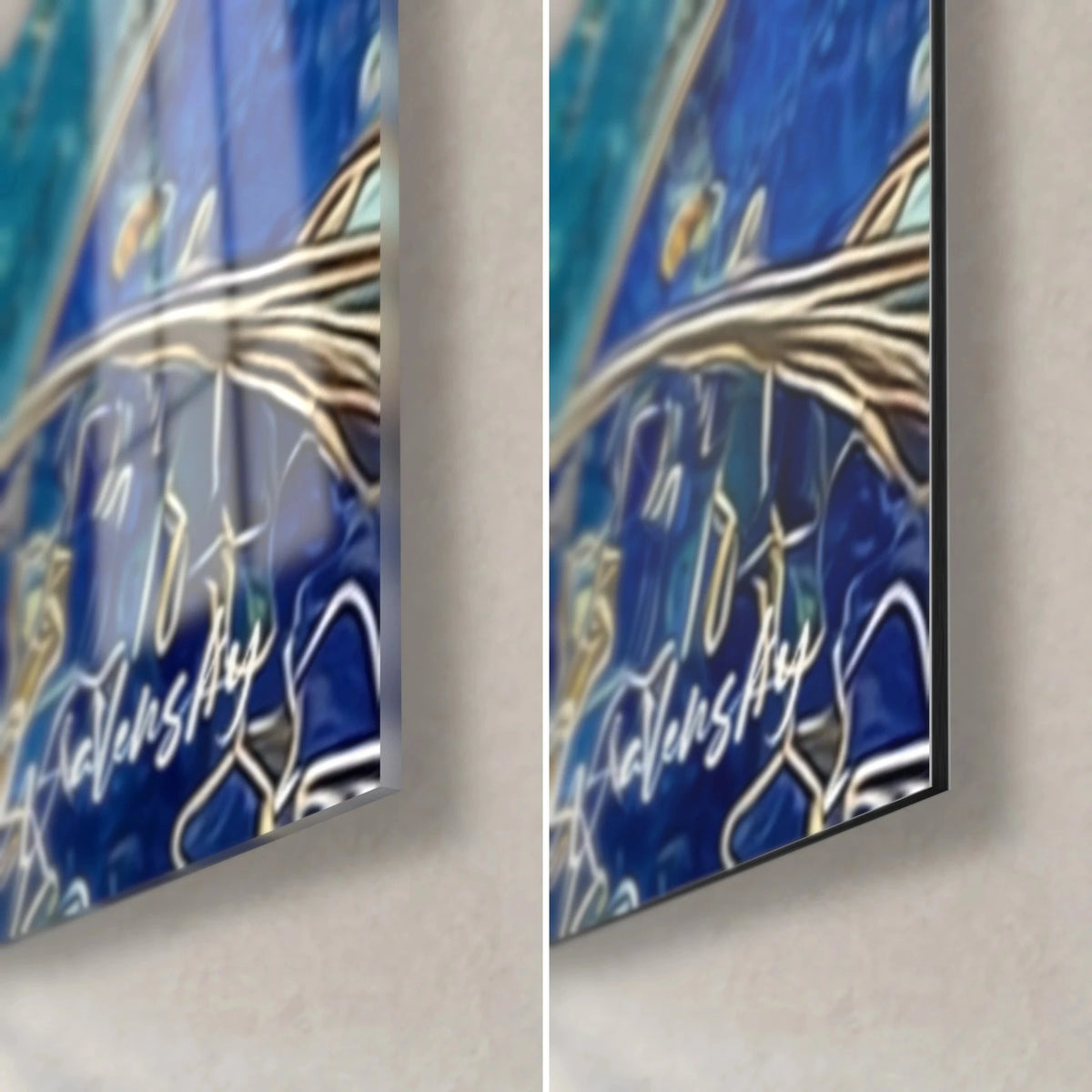 Schilderij Byzantijnse muze met gouden handtekening, rechtsonder: glanzend acrylglas links, matte Dibond-aluminium rechts, 3 mm rand