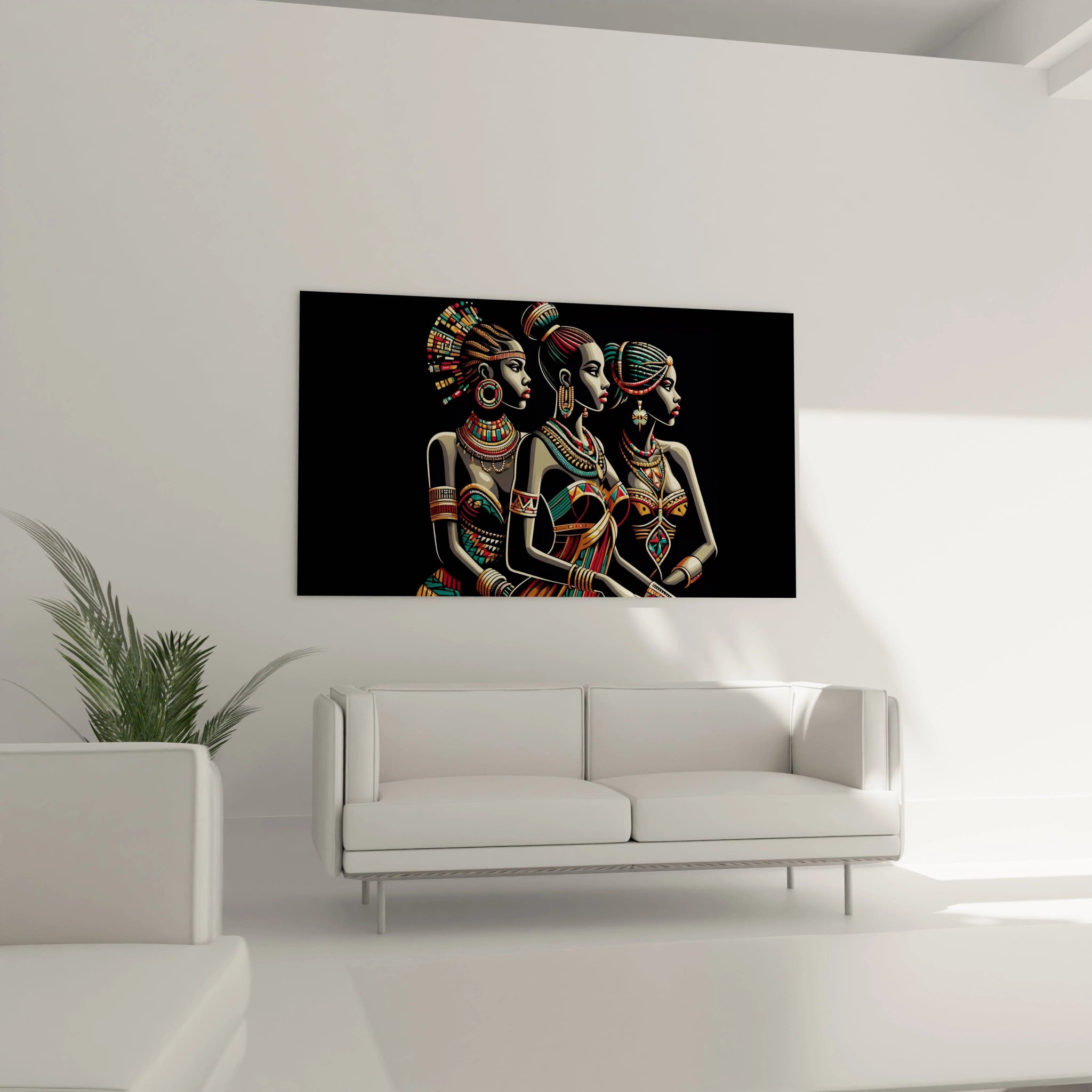 Dans le salon, au-dessus du canapé, ce tableau africain se distingue par ses silhouettes féminines aux coiffes traditionnelles et ses couleurs riches comme le doré et le rouge, pour une ambiance sophistiquée.

