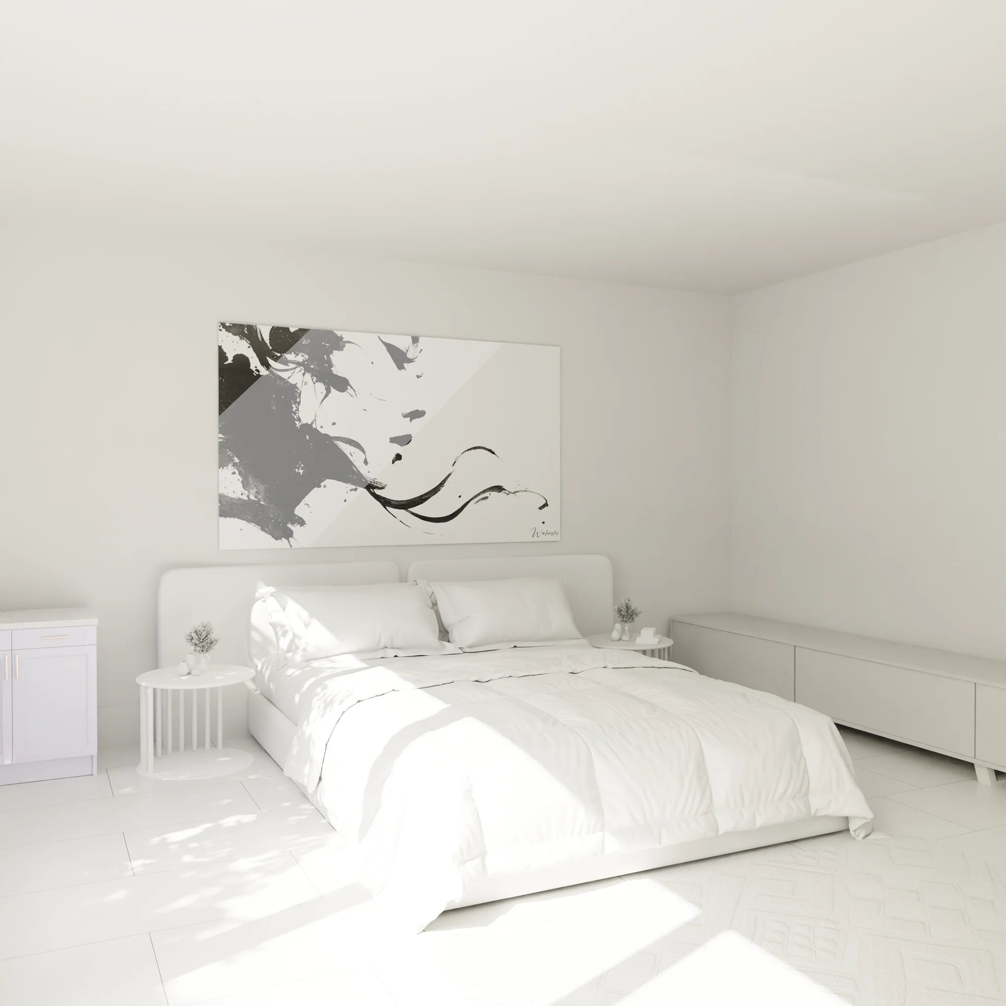 Tableau femme abstract noir et blanc installé dans une chambre moderne, décoration murale élégante