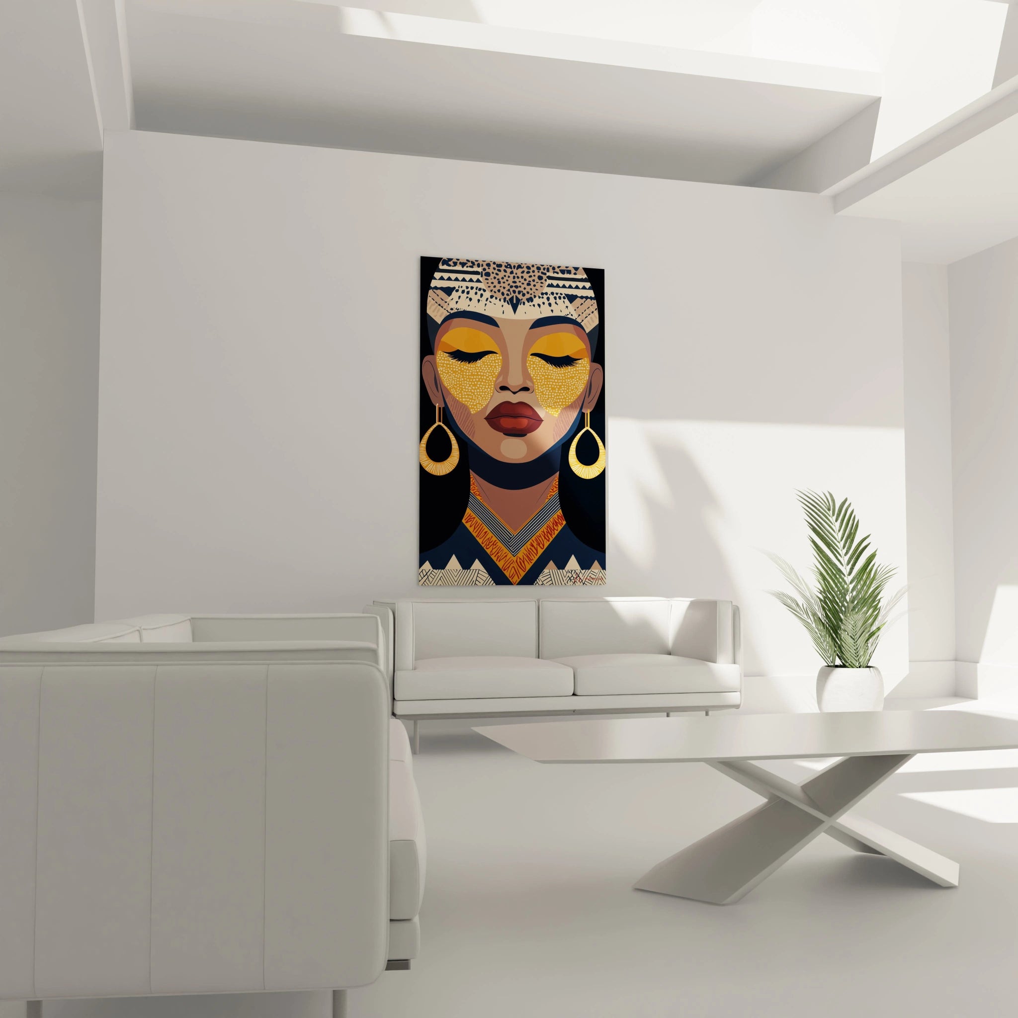 Tableau africain mural Walensky représentant visage féminin stylisé avec maquillage doré et motifs ethniques