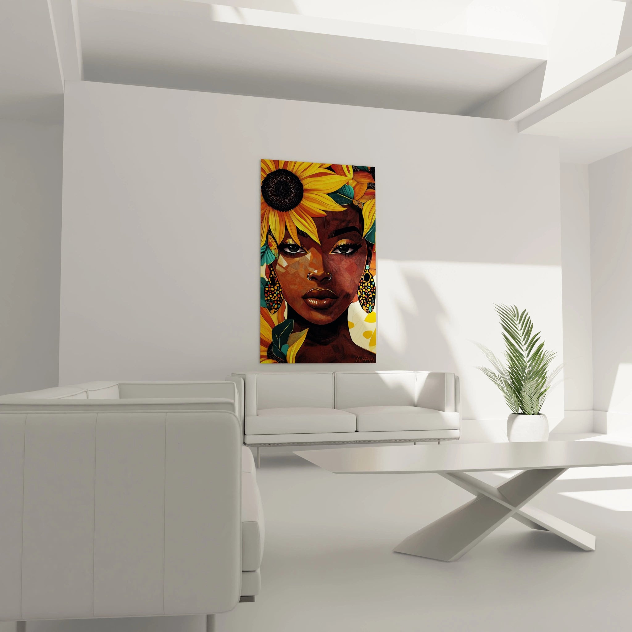 Tableau africain mural Walensky avec papillons bleus décoratifs dans un salon moderne blanc