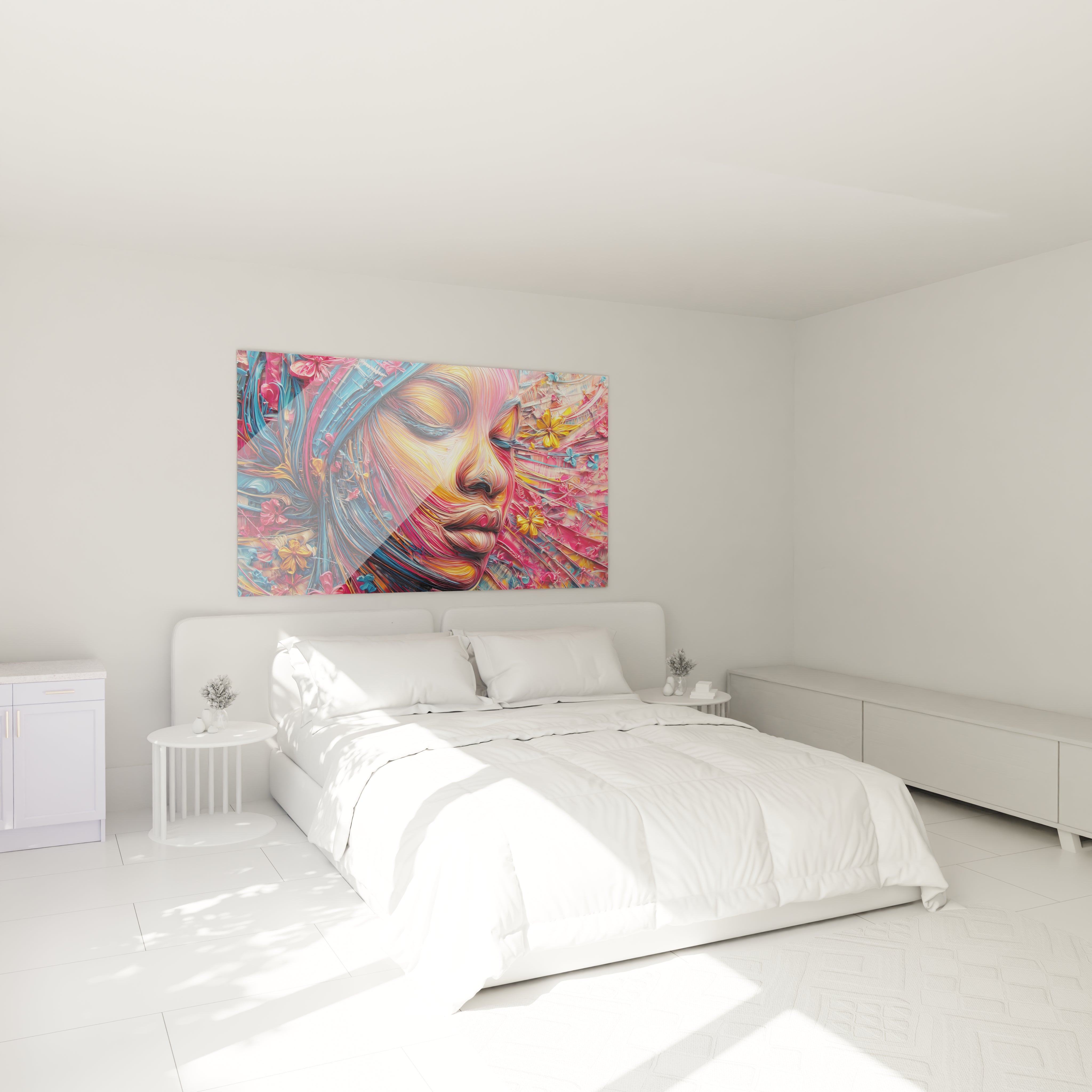 Tableau femme africaine coloré de Walensky accroché au mur dans une chambre moderne et lumineuse