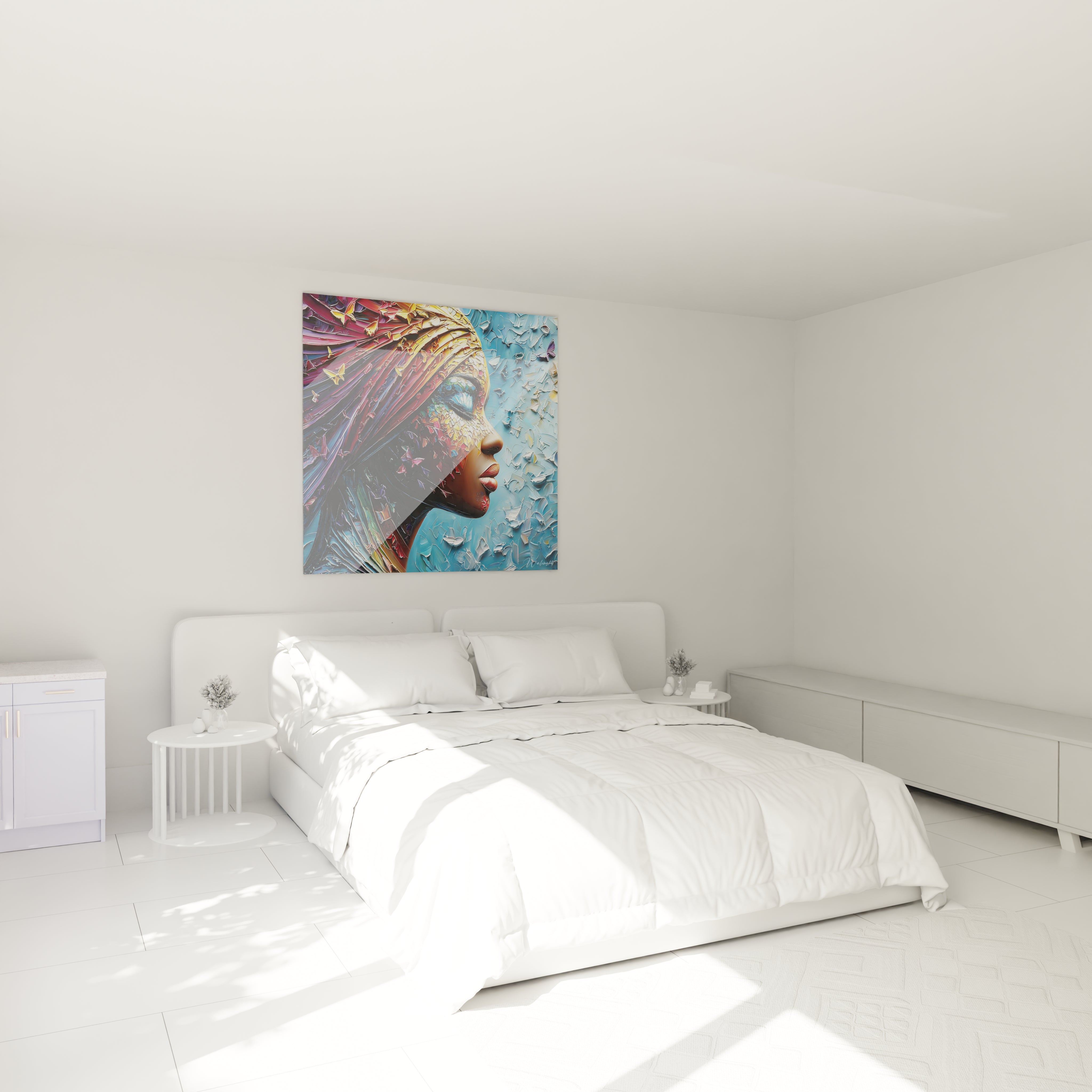 Tableau femme africaine contemporain de Walensky dans une chambre lumineuse et minimaliste