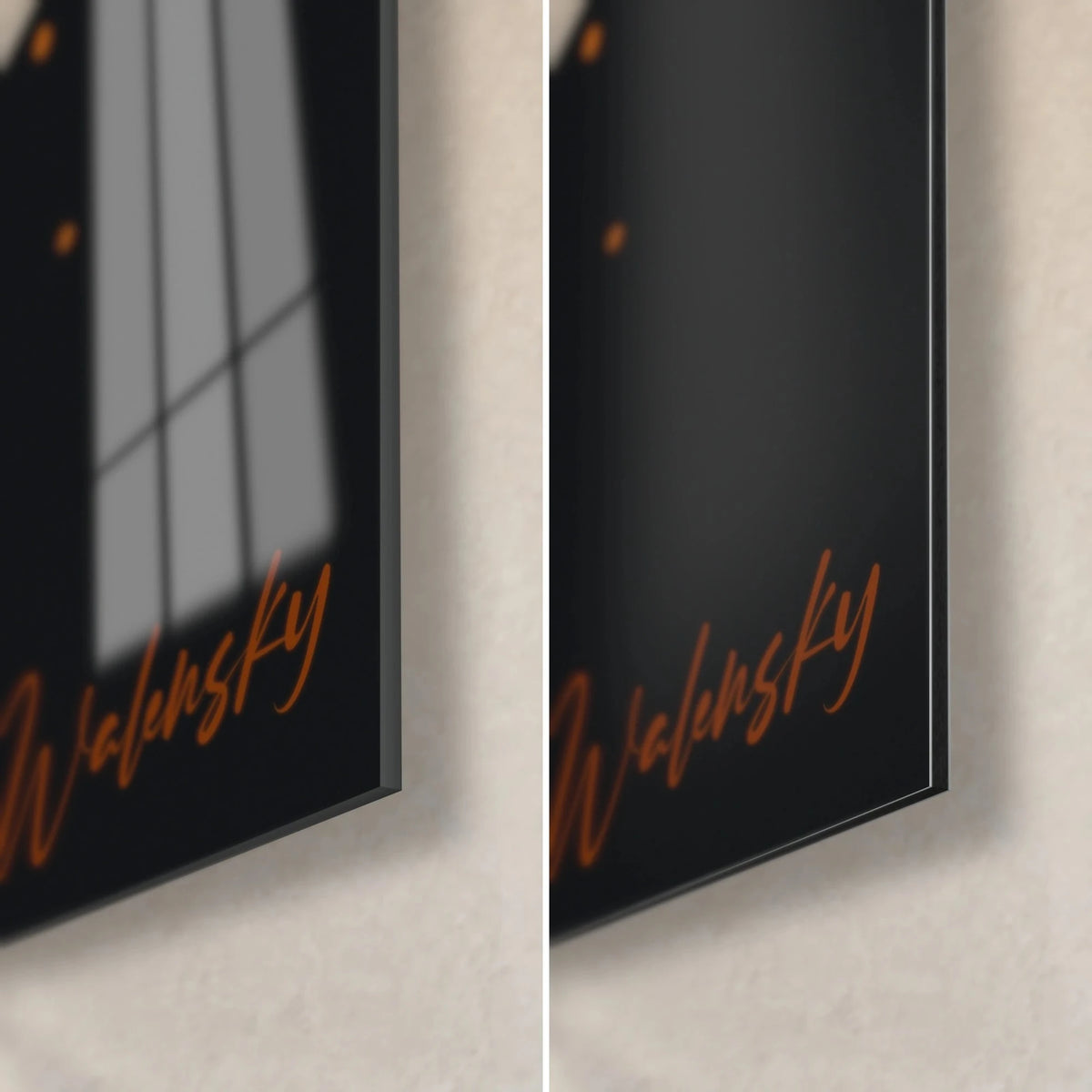 Tableau silhouette pharaonique noire, signature orange Walensky, coin bas droit en verre brillant et Dibond mat, tranche 3 mm
