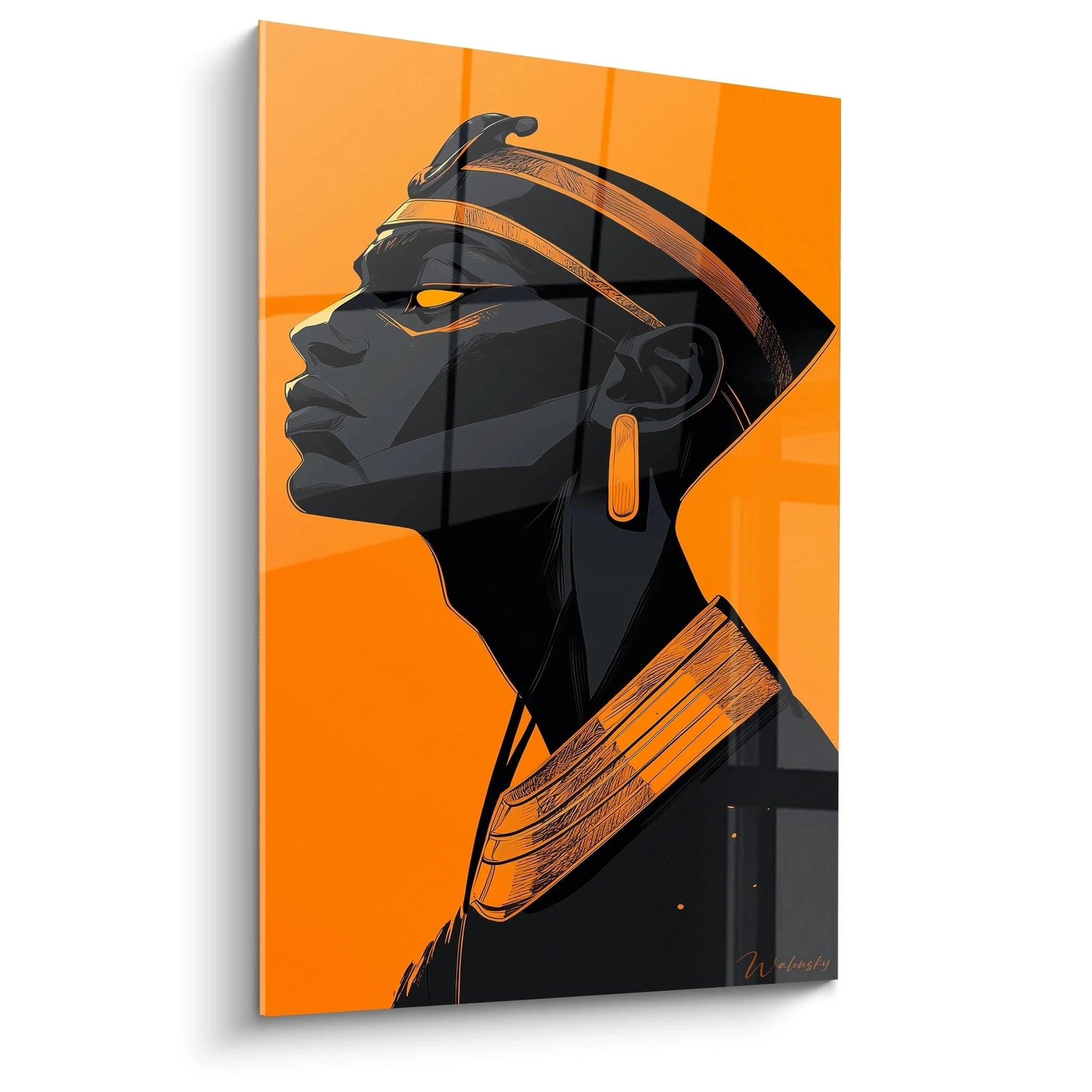 Tableau Egypte mural Walensky représentant un profil égyptien stylisé en noir et orange