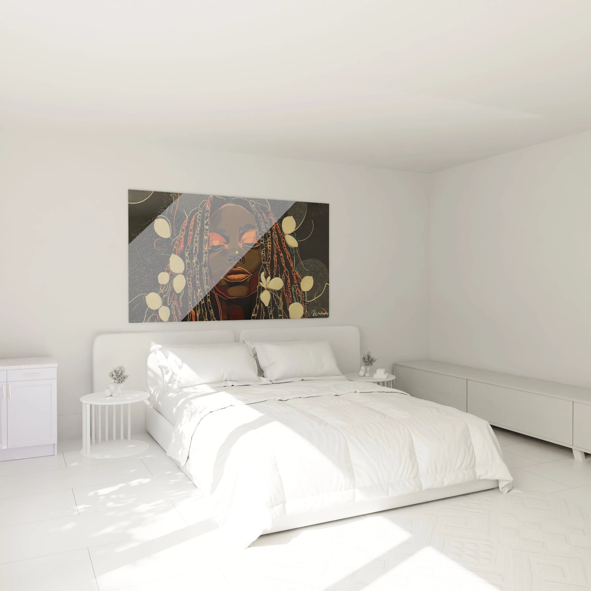 Tableau africain mural Walensky représentant un visage féminin avec des ornements colorés dans une chambre lumineuse
