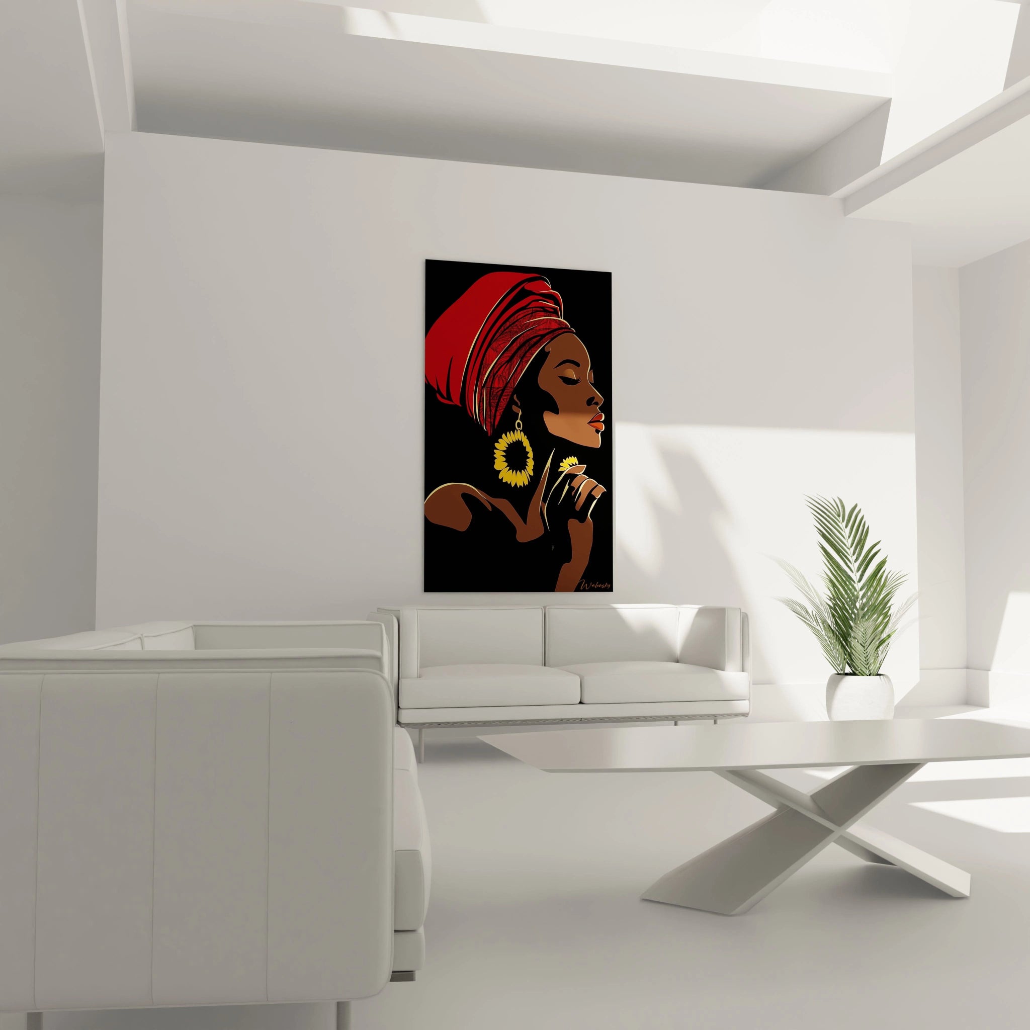 Tableau africain mural Walensky portrait femme avec turban rouge et boucles d'oreilles dorées