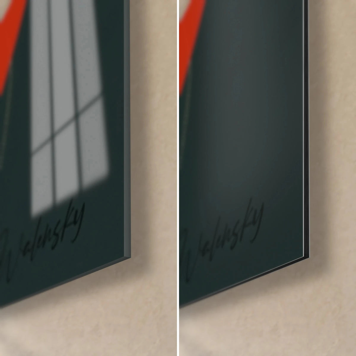 Wall art purple female silhouette with orange halo, bottom right corner: glossy acrylic glass on the left, matte dark green Dibond aluminium on the right, 3 mm edge