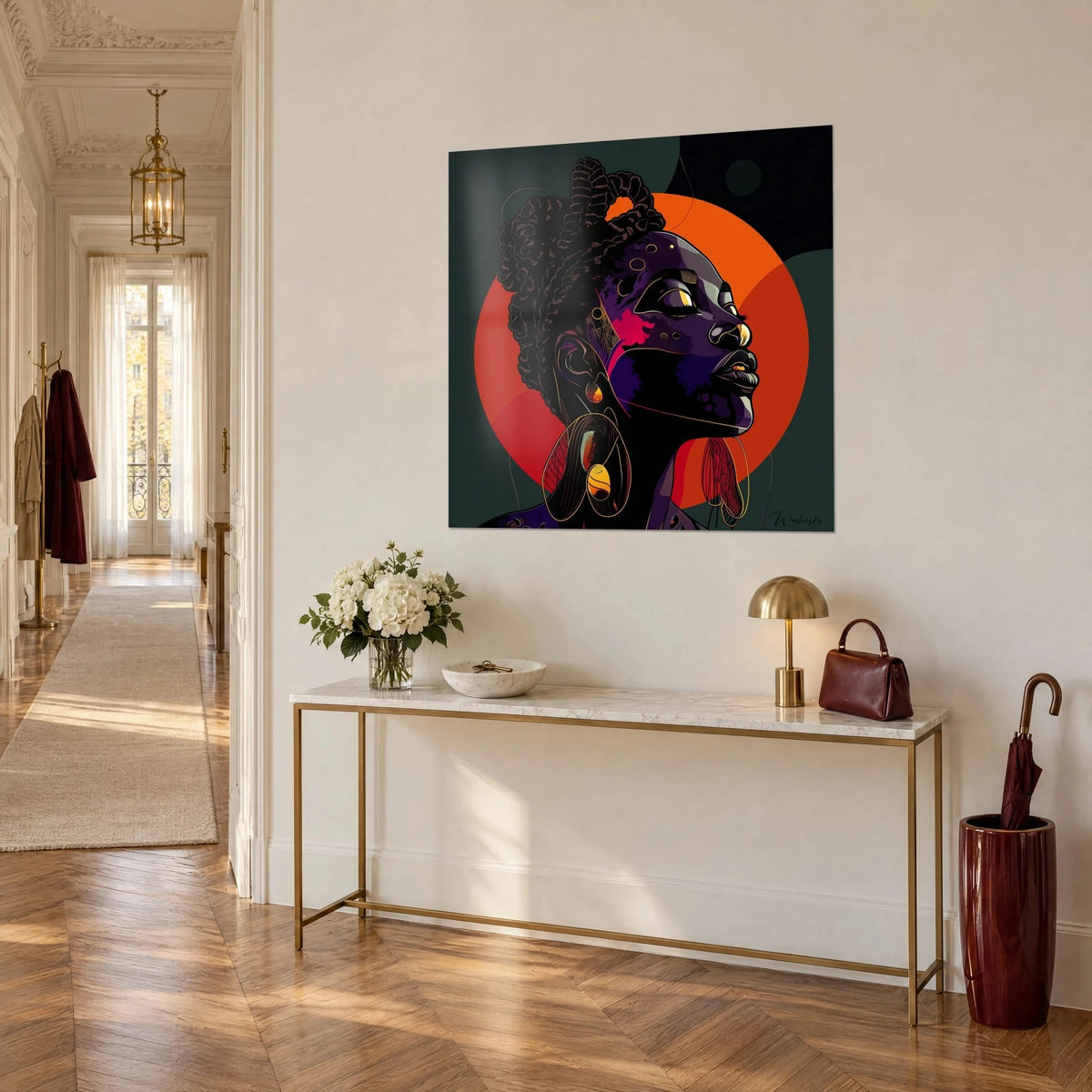 Wall art profile face with braids gathered in a bun, deep purple skin, vivid orange halo and dark green background, three-quarter view above a gold console