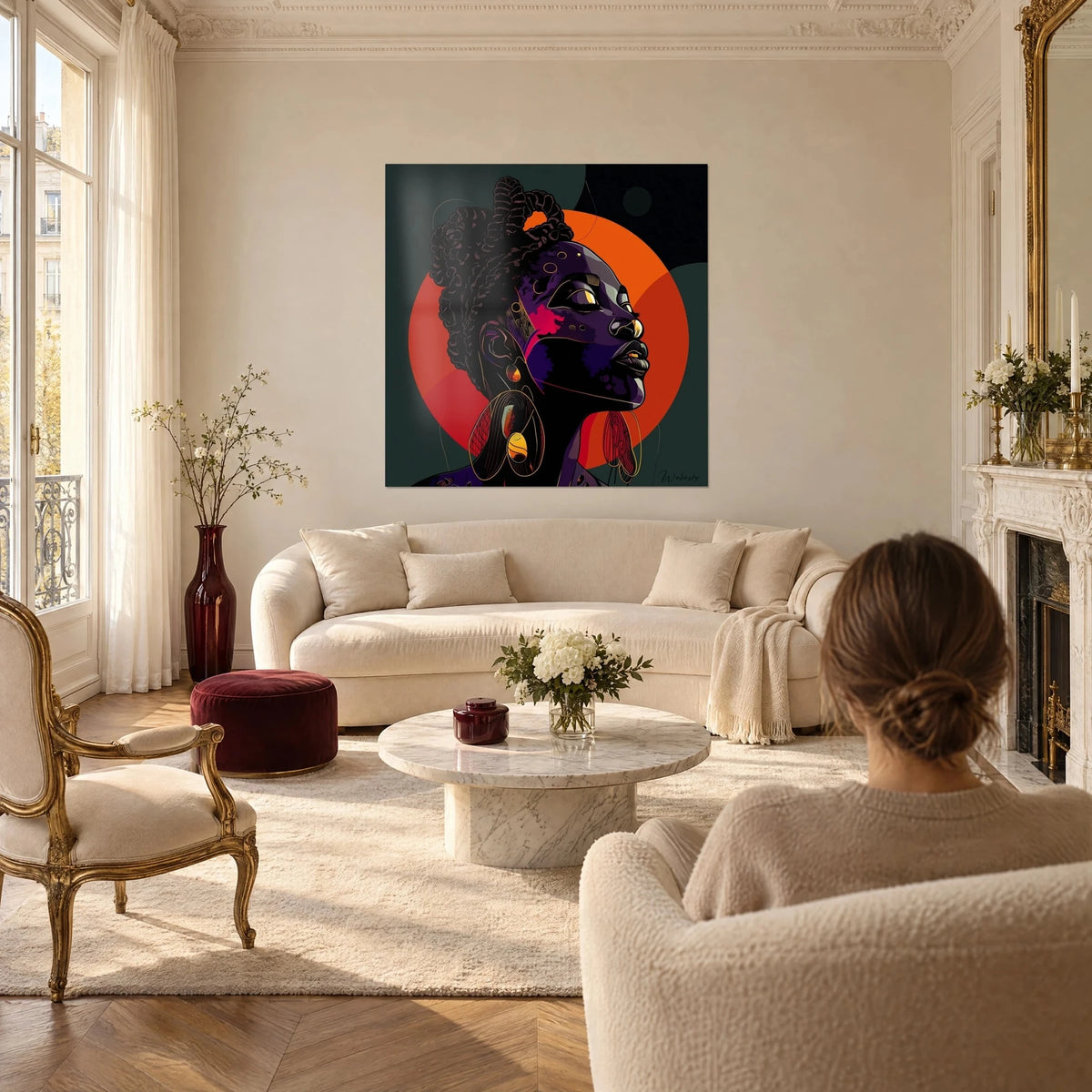 Wall art portrait of an African woman in raised profile, black braids, orange disc and gold earrings, above a sofa in a bright living room