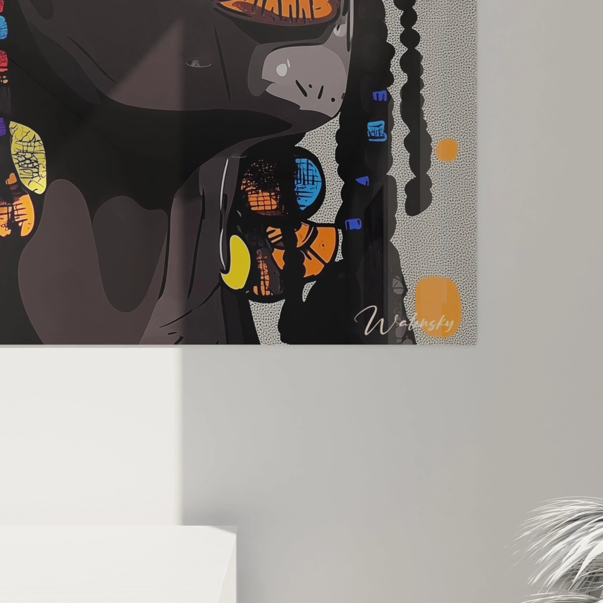 Tableau africain mural coloré signé Walensky avec motifs vibrants et détails abstraits sur fond clair