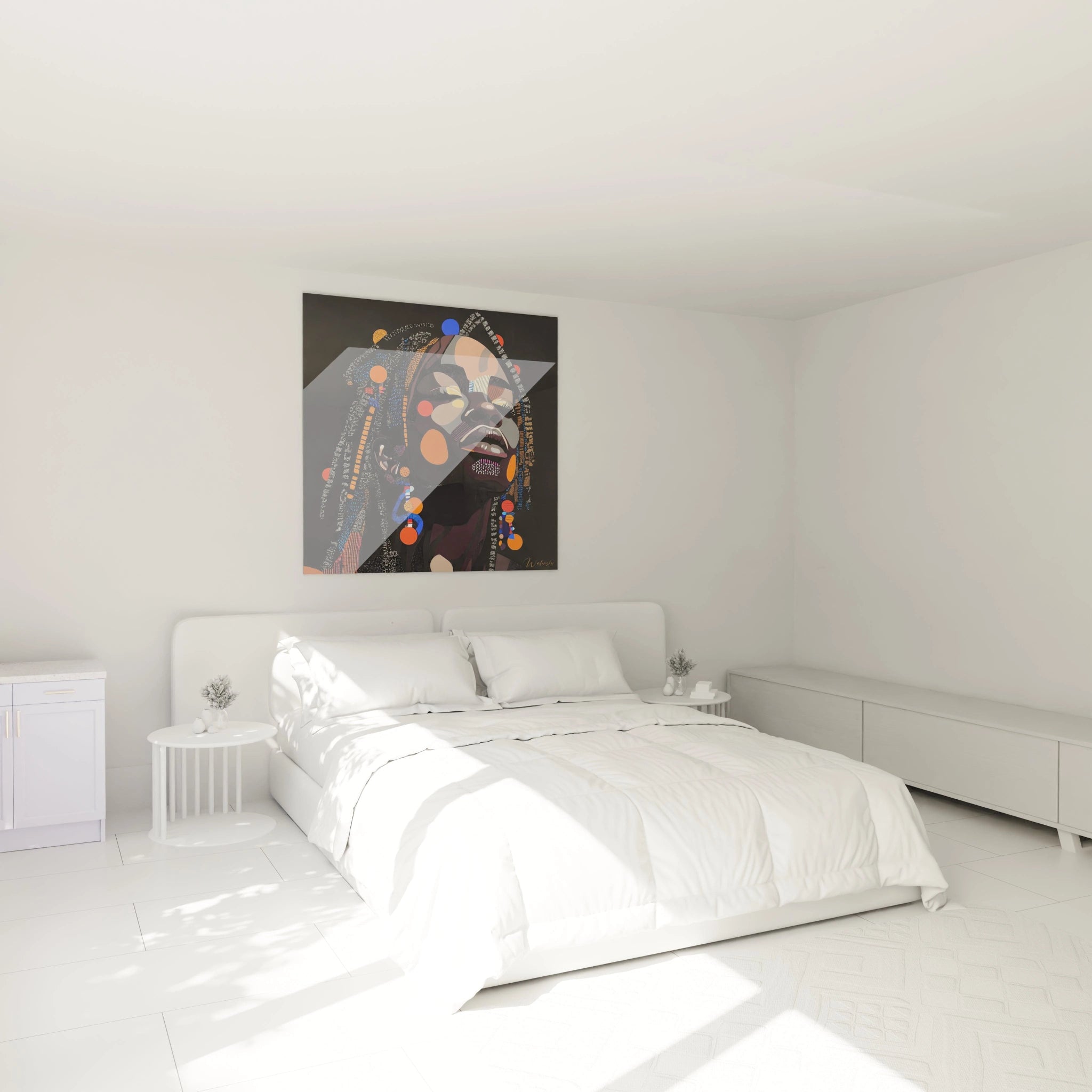 Tableau africain mural Walensky représentant un portrait coloré accroché dans une chambre blanche moderne