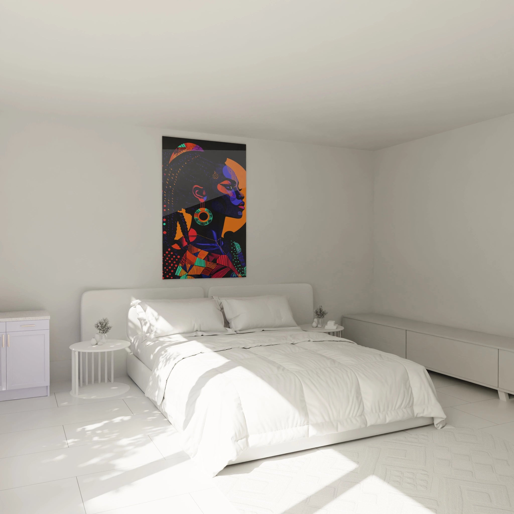 Tableau africain mural coloré Walensky au-dessus d'un lit moderne dans une chambre lumineuse et minimaliste
