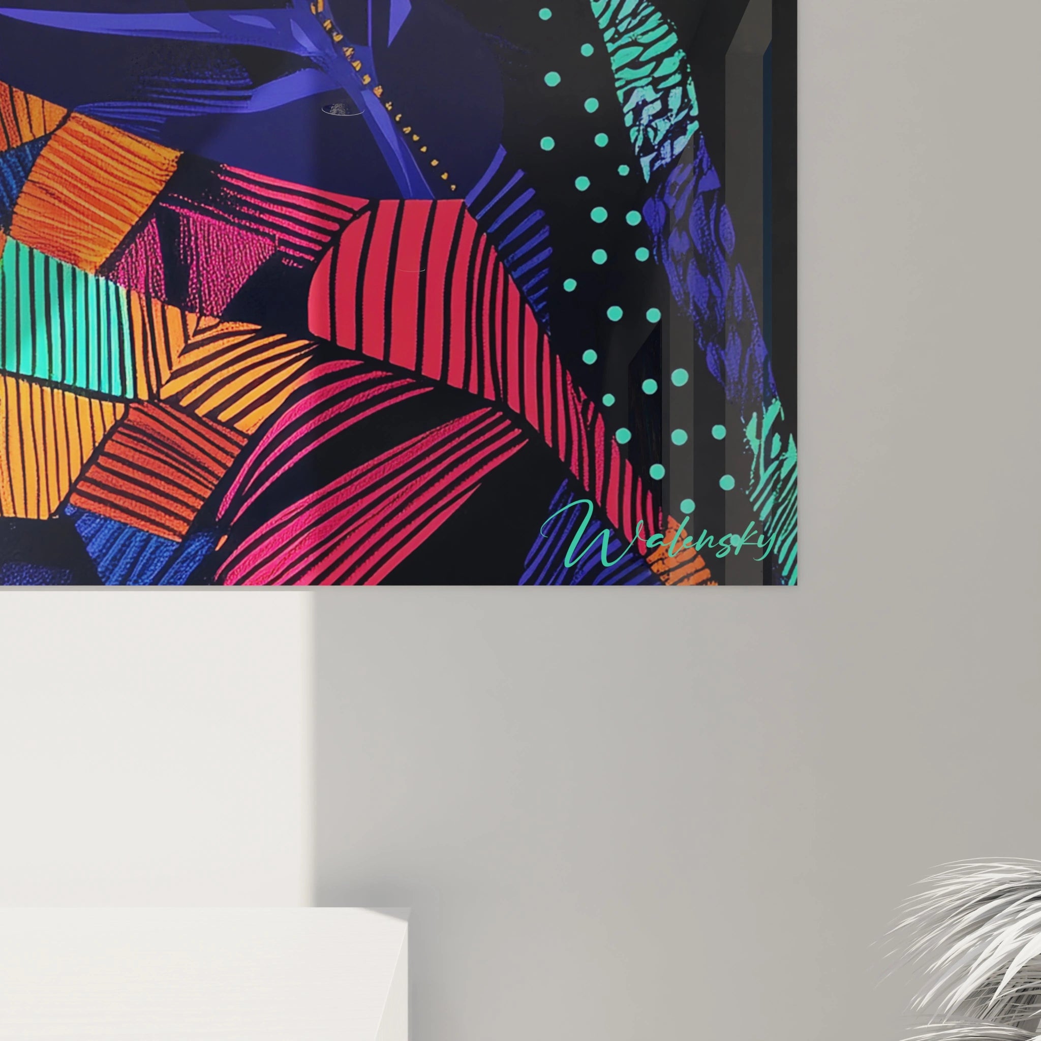 Tableau africain mural coloré signé Walensky avec motifs géométriques vibrants pour décoration intérieure