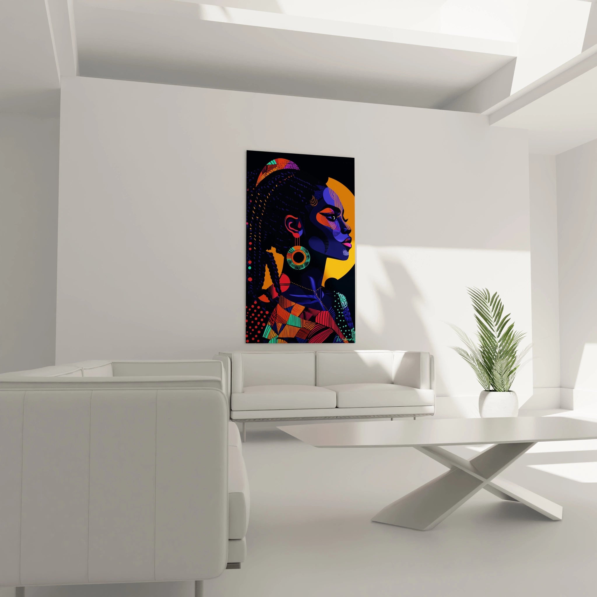 Tableau africain mural coloré par Walensky représentant un portrait féminin vibrant en salon moderne