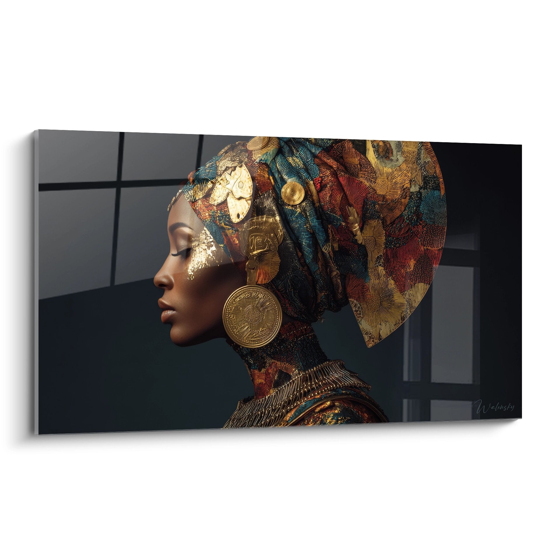 Tableau mural femme africaine profil headwrap doré motifs géométriques bijoux traditionnels