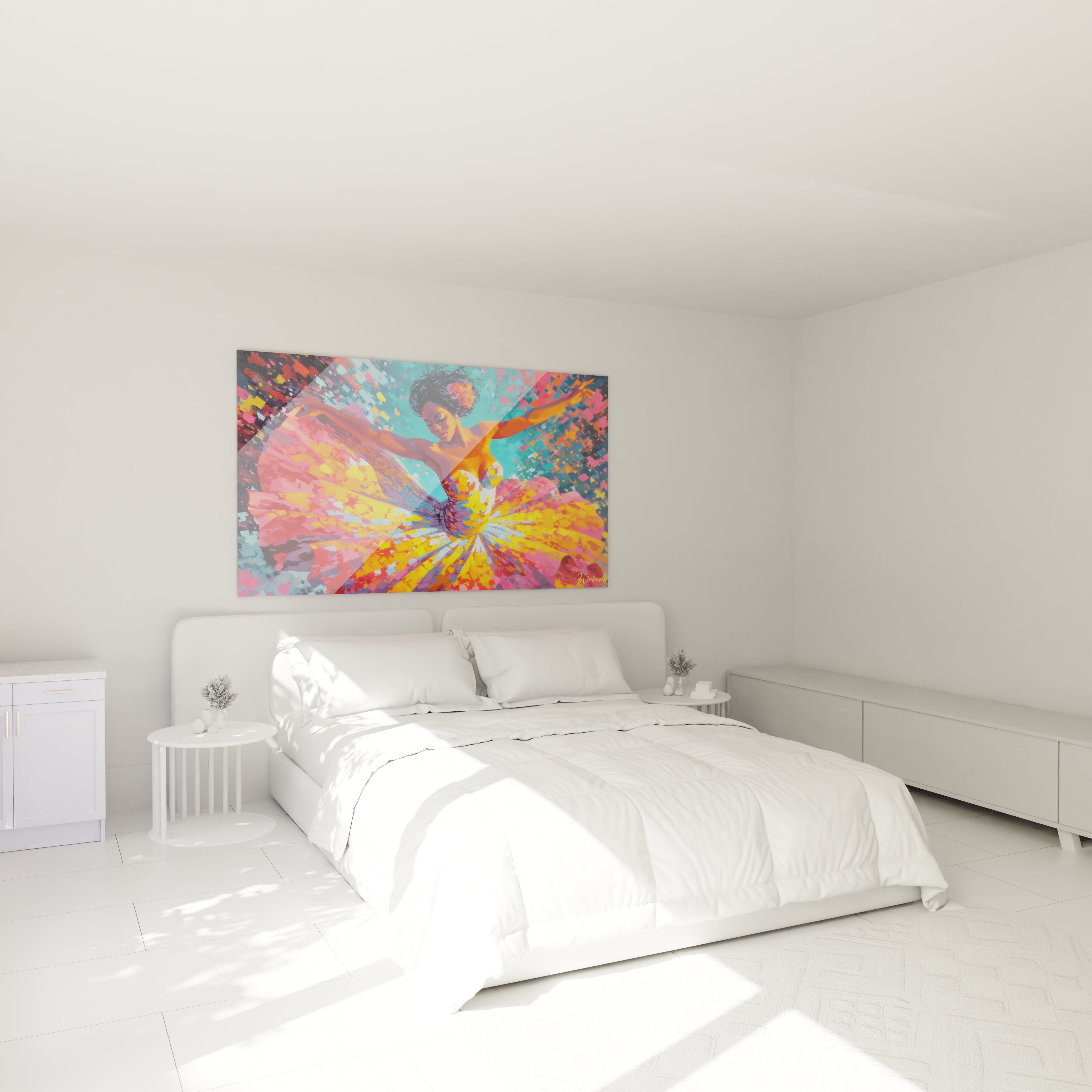 Tableau femme africaine moderne de Walensky décorant une chambre lumineuse avec des couleurs vives