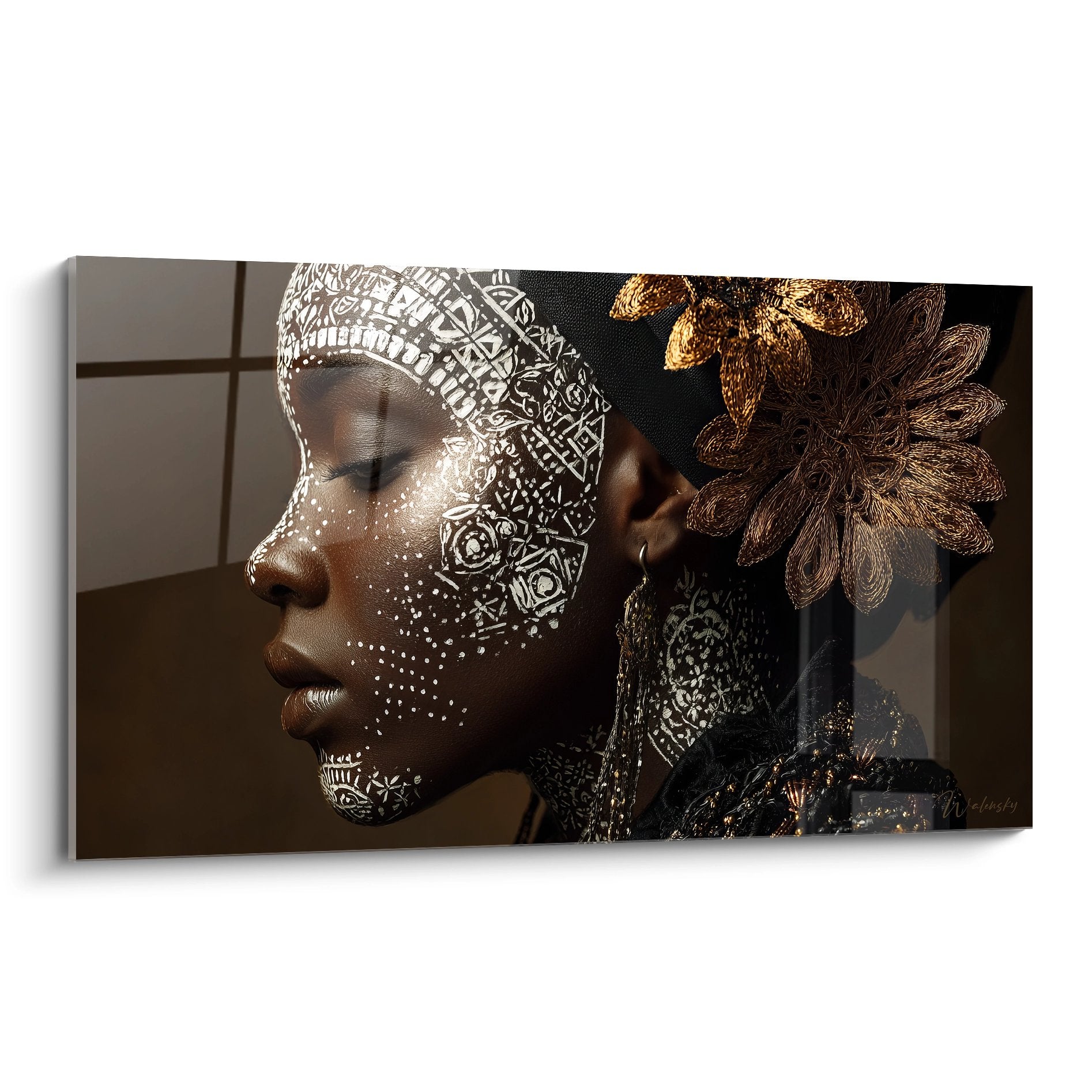Tableau mural femme africaine profil ornements dorés motifs tribaux géométriques art contemporain