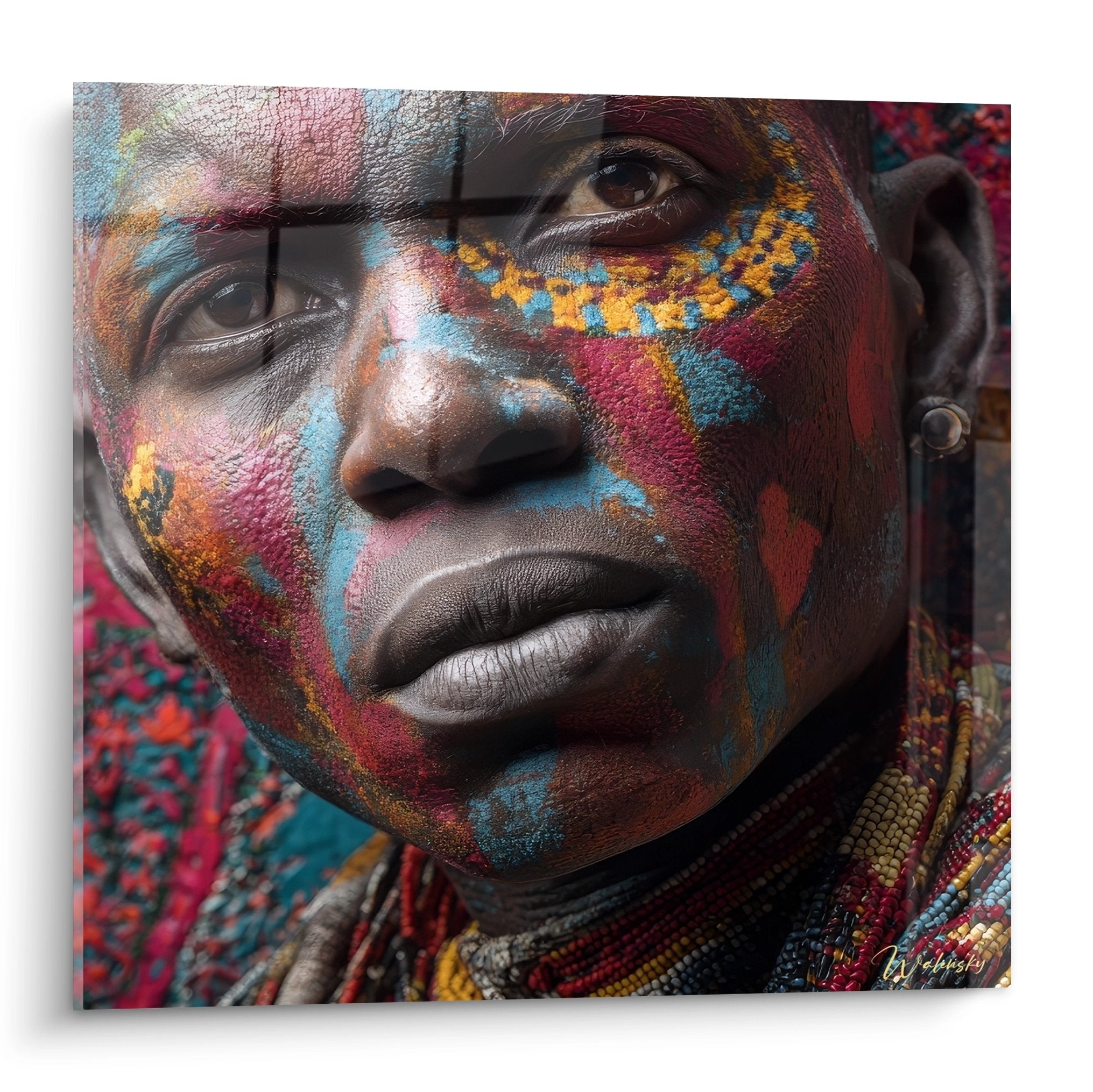 Tableau mural femme africaine aux peintures corporelles colorées, art tribal contemporain décoratif