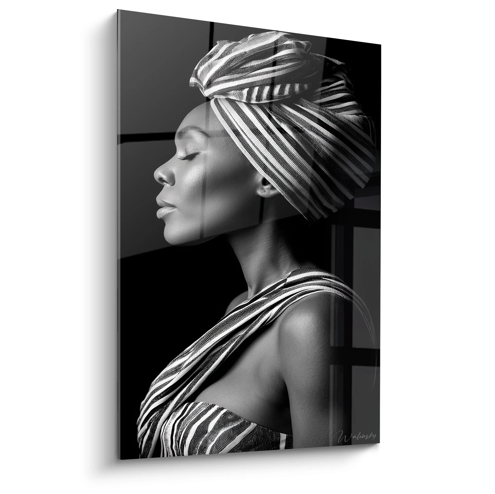 Tableau portrait femme africaine noir et blanc avec headwrap traditionnel, art mural élégant