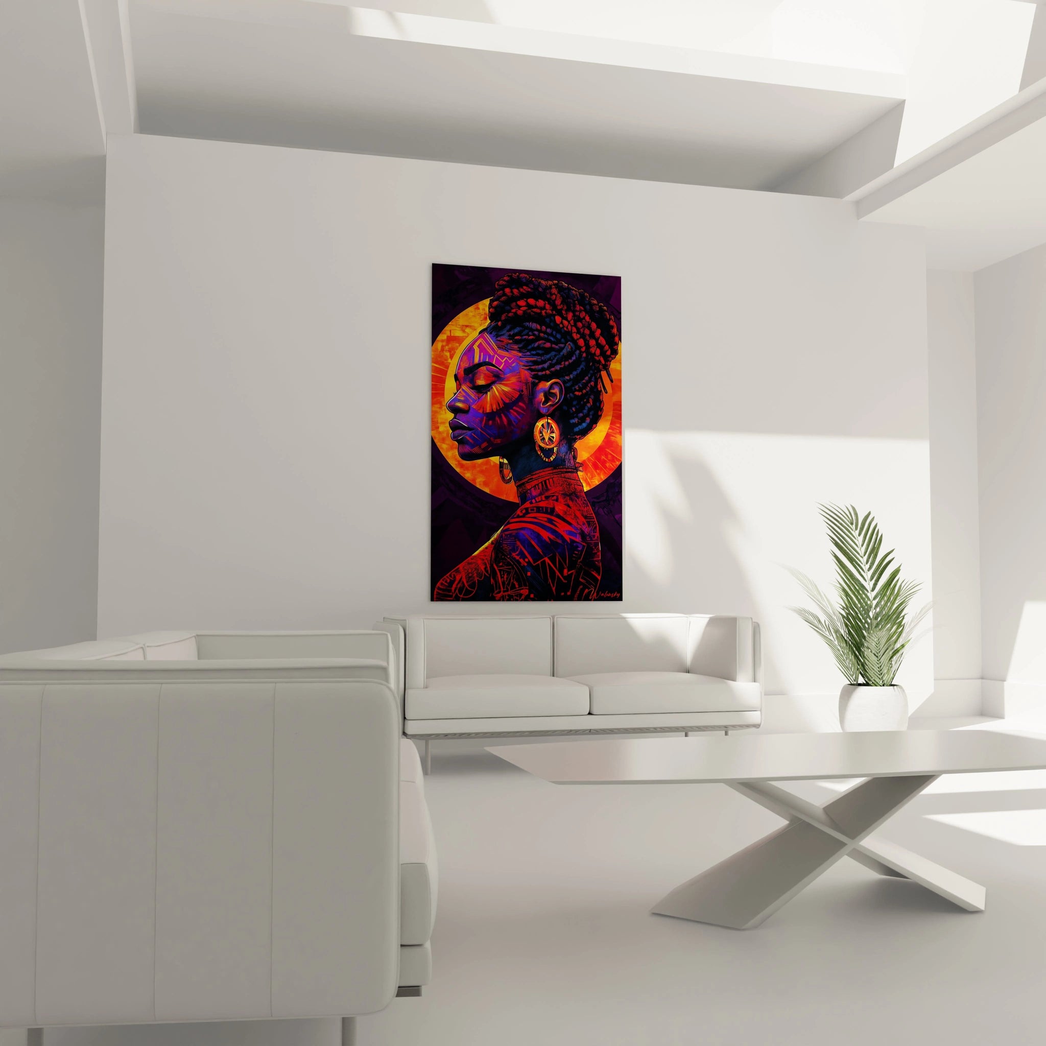 Tableau africain mural représentant un oiseau posé sur une branche dans un salon moderne minimaliste
