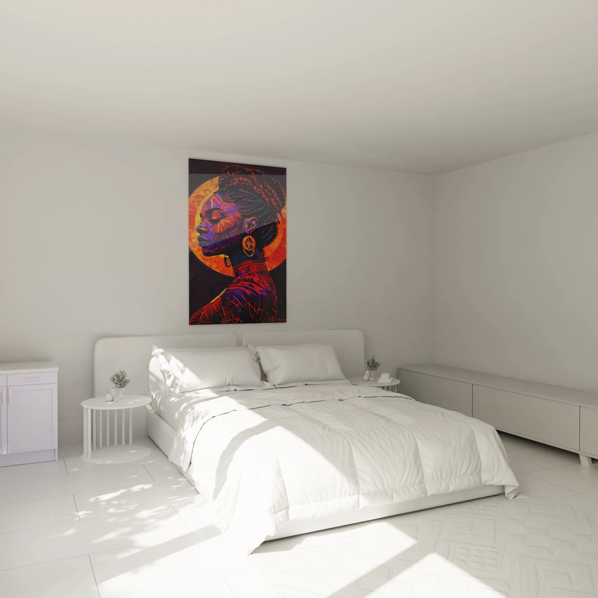 Tableau africain mural Walensky représentant un oiseau exotique posé sur une branche dans une chambre minimaliste