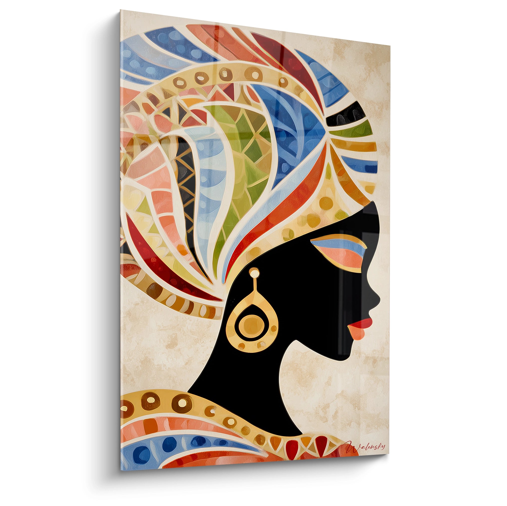 Tableau femme africaine tribale coloré en silhouette, avec des motifs vibrants sur fond clair