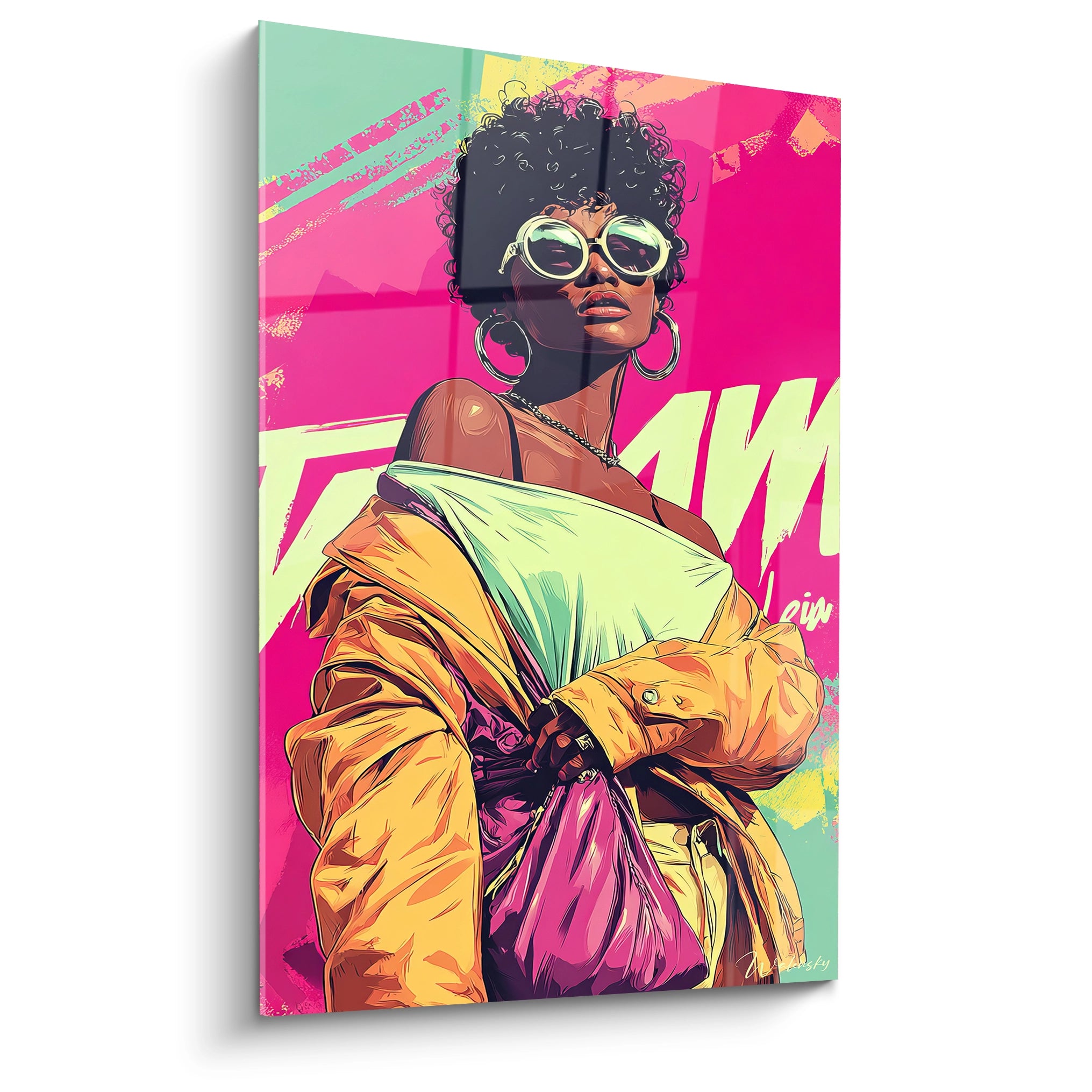 Tableau femme afro années 80 avec un style vibrant et des accessoires modernes en couleurs pastel