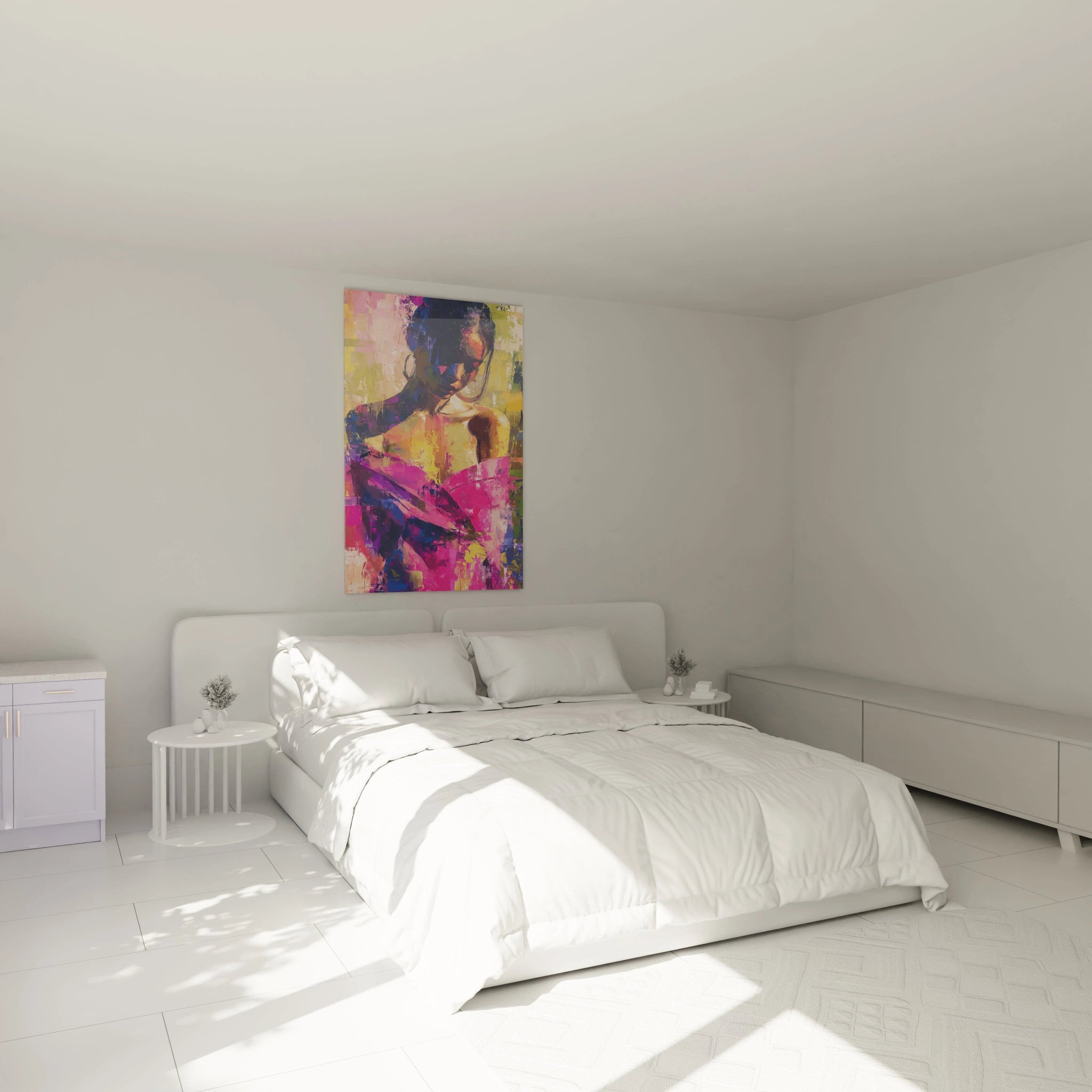 Tableau femme afro années 80 de Walensky avec des couleurs vives dans une chambre moderne