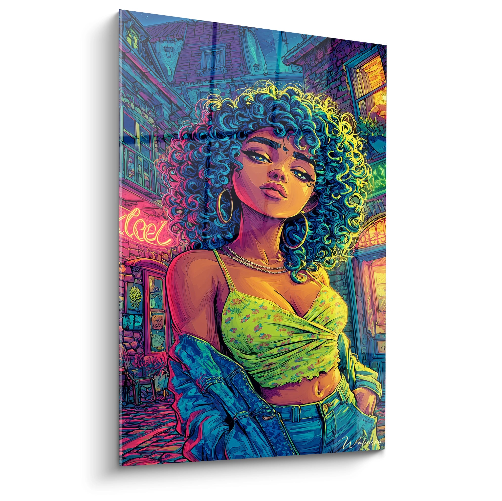 Tableau femme afro cheveux bouclés colorés style bande dessinée urbain néon street art décoratif