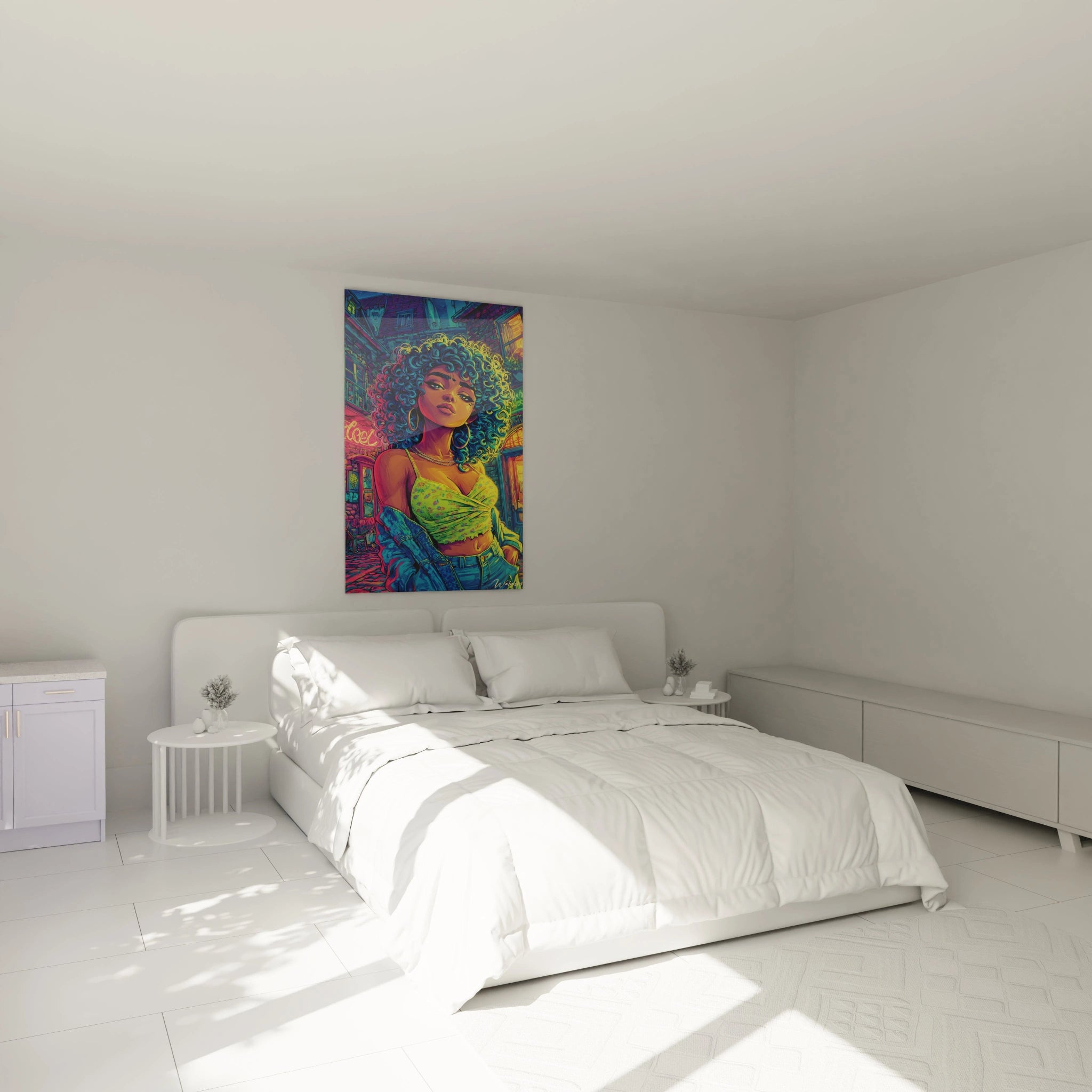 Tableau mural femme afro style BD urbain couleurs néon dans décoration chambre moderne