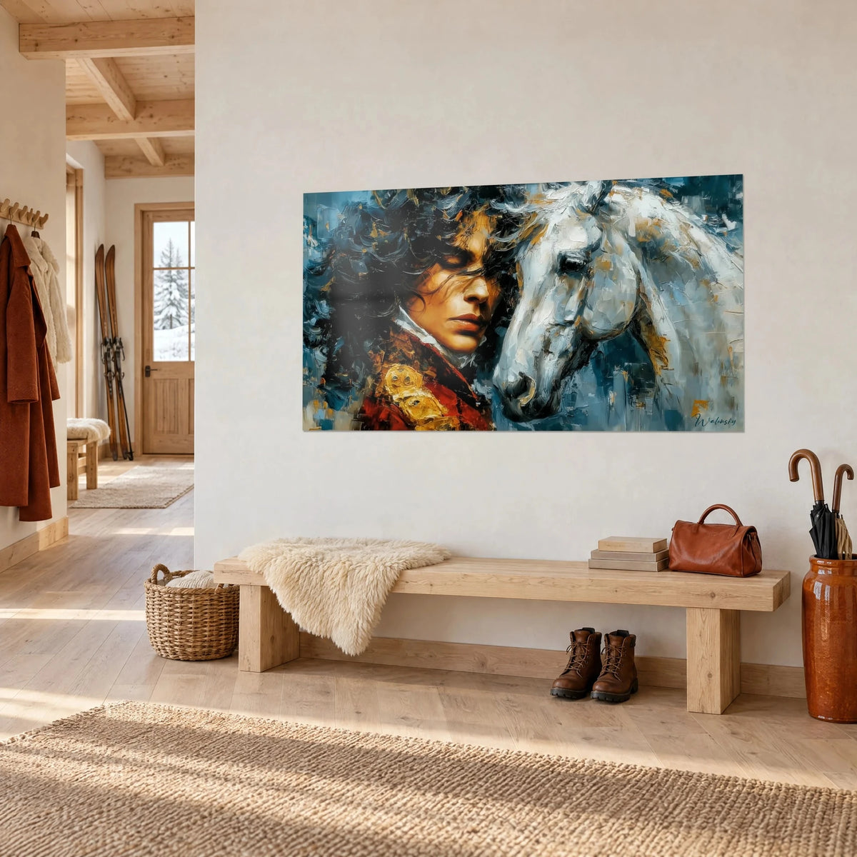 Quadro cavaliere con giacca rossa ricamata in oro, che preme la guancia contro uno stallone grigio perla, su una parete d'ingresso in legno bianco