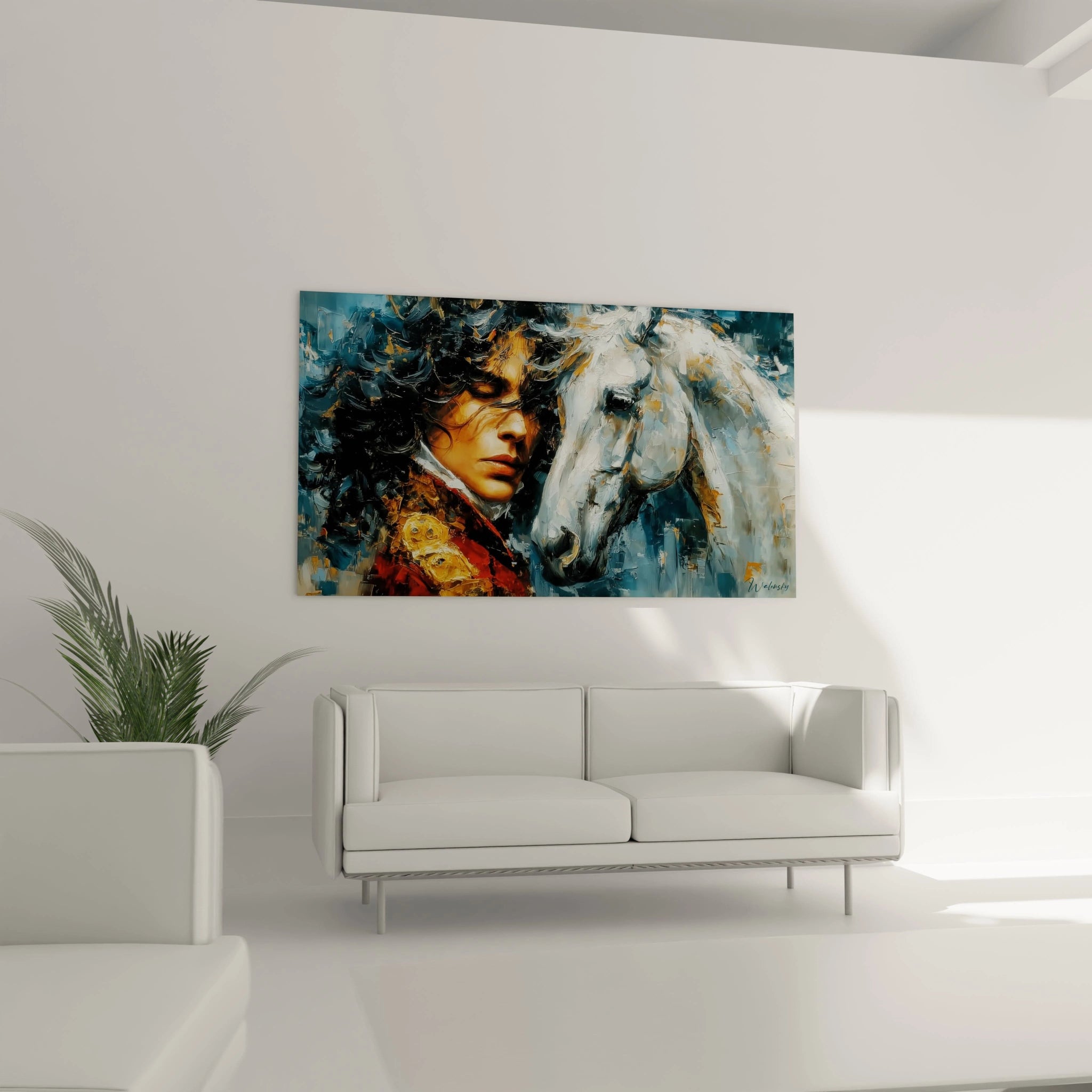 Tableau mural Walensky montrant une femme en costume baroque et un cheval blanc tableau femme âmes jumelles Louis XIV