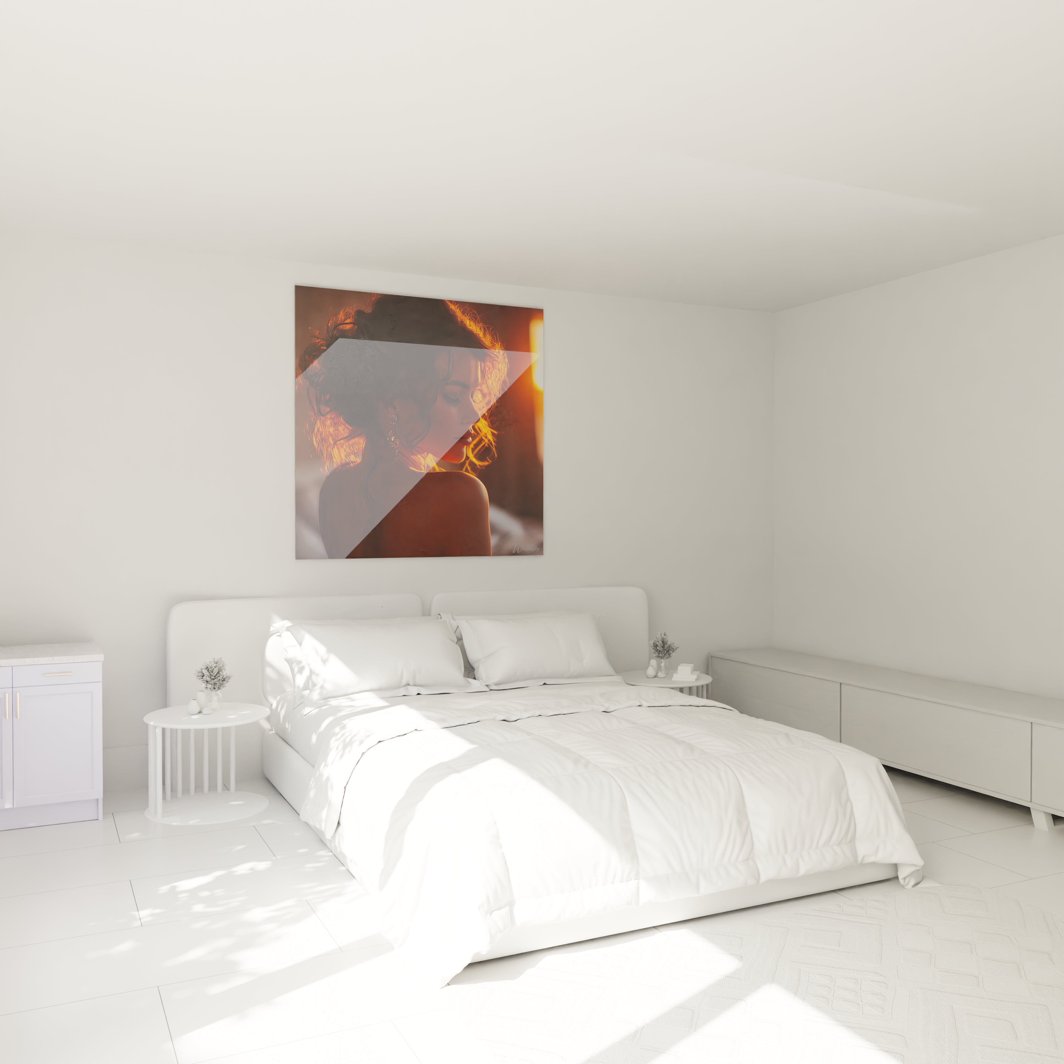 Tableau femme art contemporain de Walensky, affiché au-dessus d'un lit dans une chambre lumineuse