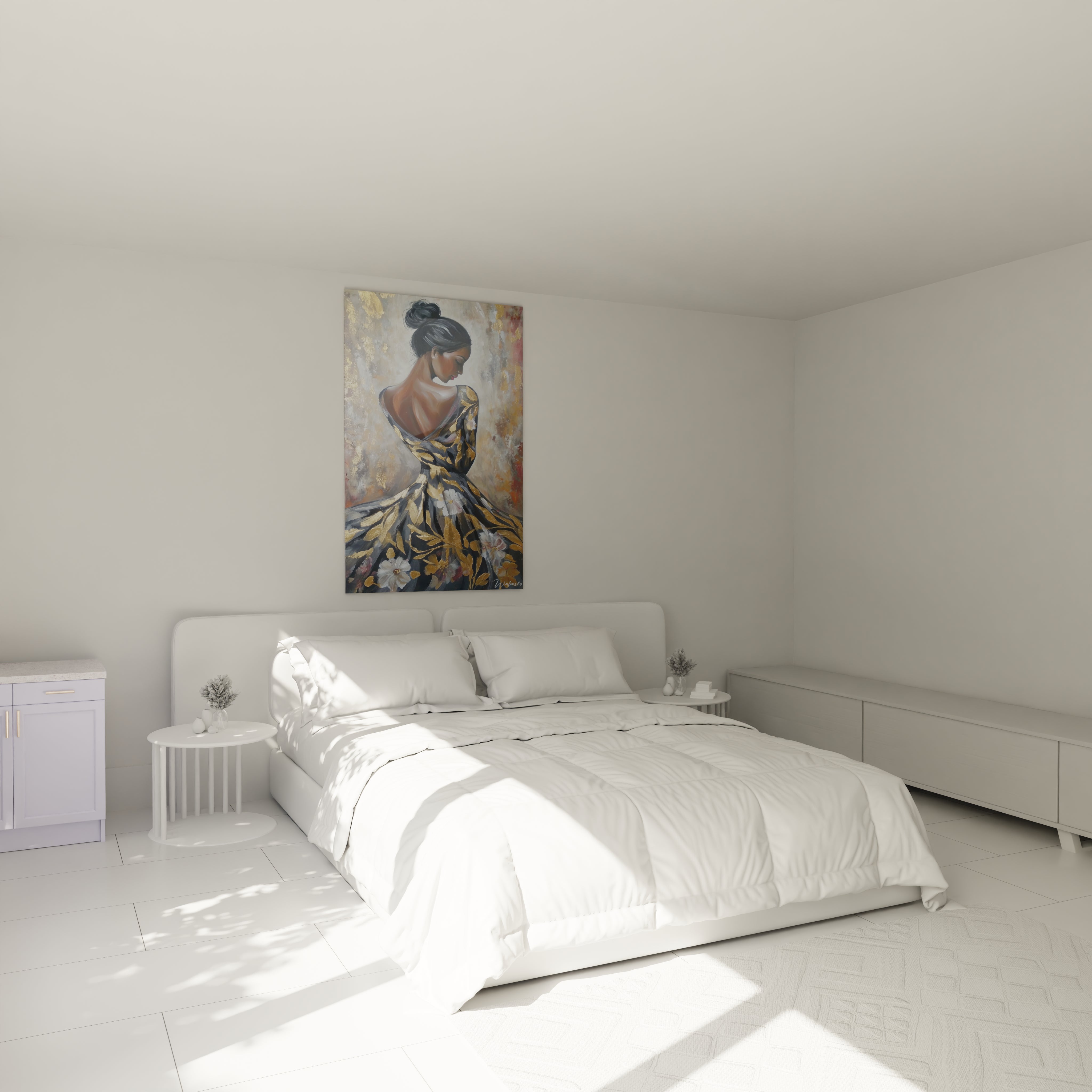 Tableau femme art floral de Walensky accroché au mur dans une chambre lumineuse et moderne
