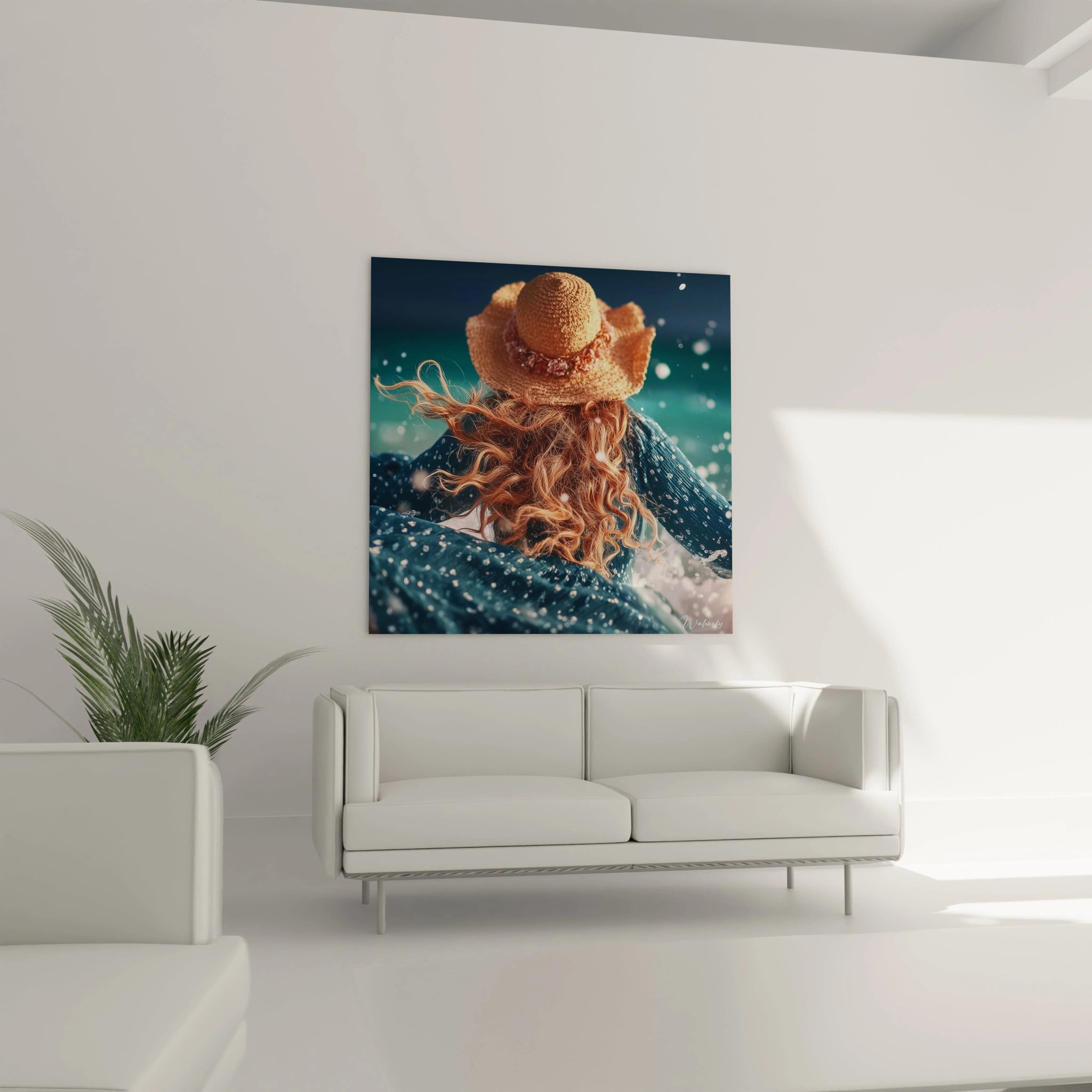 tableau femme au chapeau de paille Walensky montrant femme de dos cheveux roux devant océan avec éclaboussures