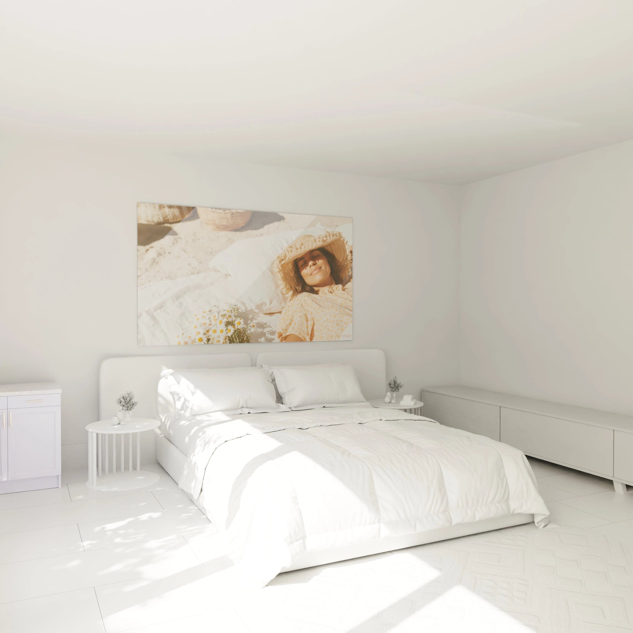 tableau femme au chapeau Walensky mural dans chambre minimaliste femme au chapeau de paille allongée au soleil