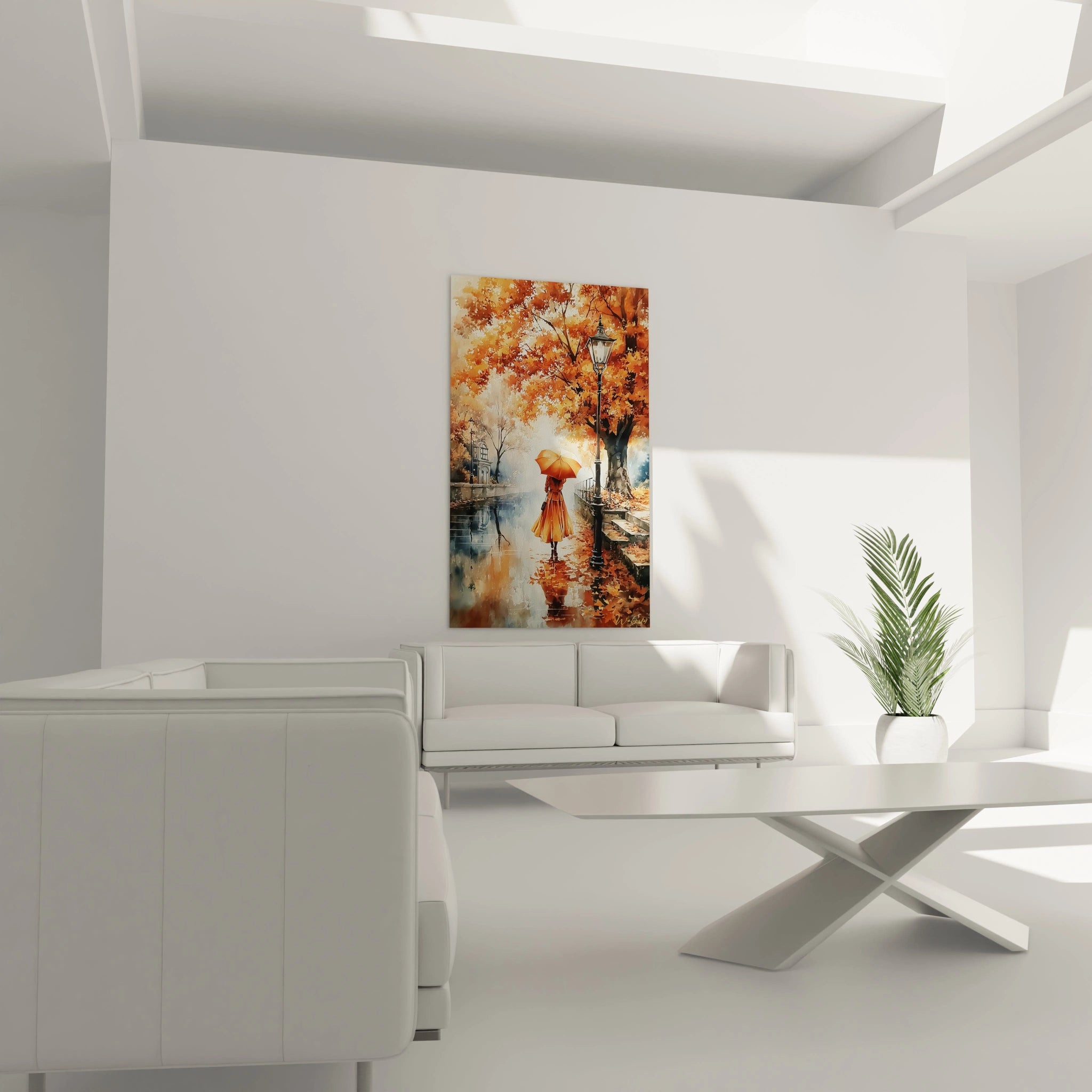 Tableau mural Walensky tableau femme au parapluie automne près d un étang avec reflets orange et lampadaire