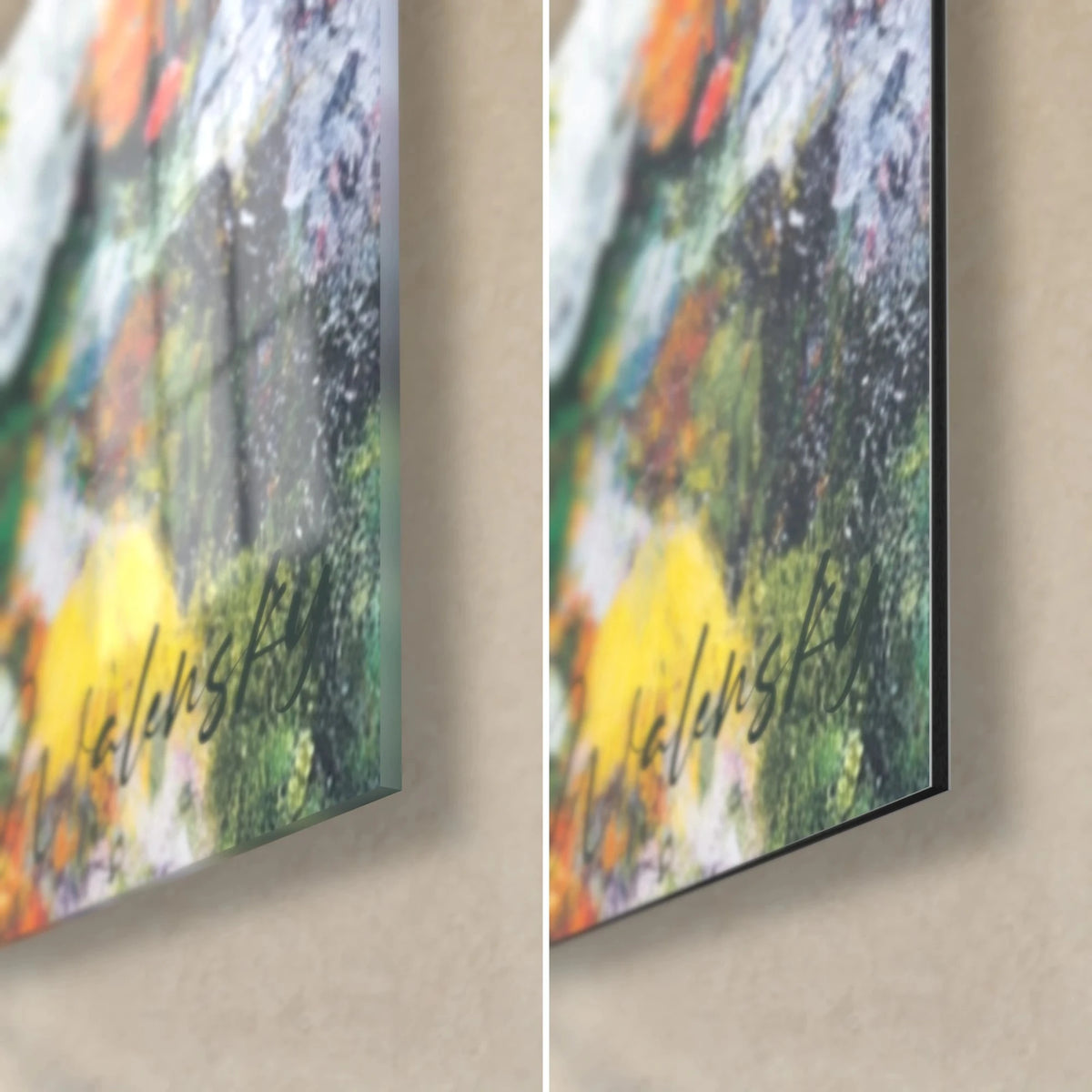 Wall art woman with a glass, bottom right corner with orange and yellow flowers, glossy acrylic glass on the left, matte Dibond aluminium on the right