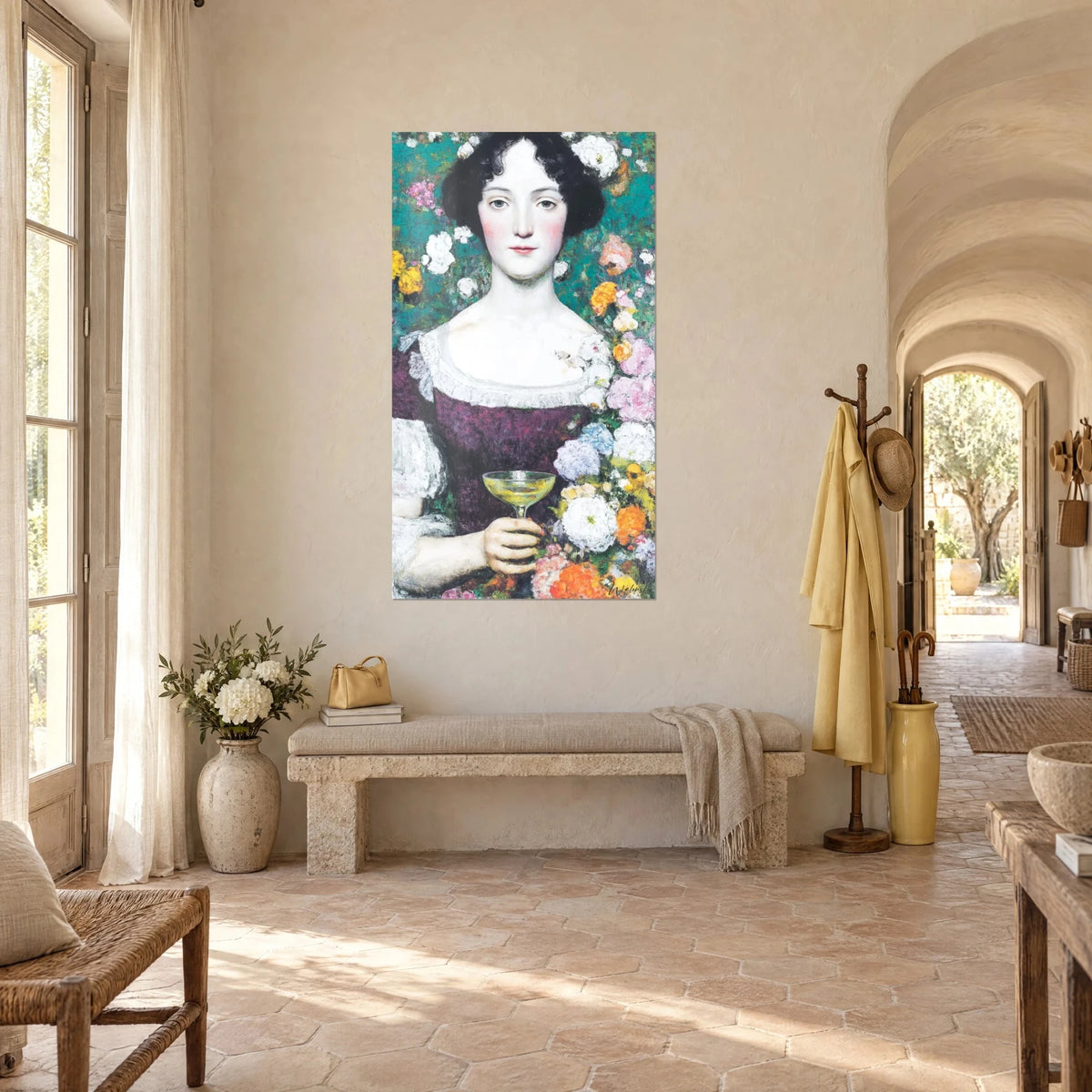 Wall art young lady with porcelain complexion surrounded by pink and orange peonies on a turquoise background, in a hallway of a Provençal farmhouse