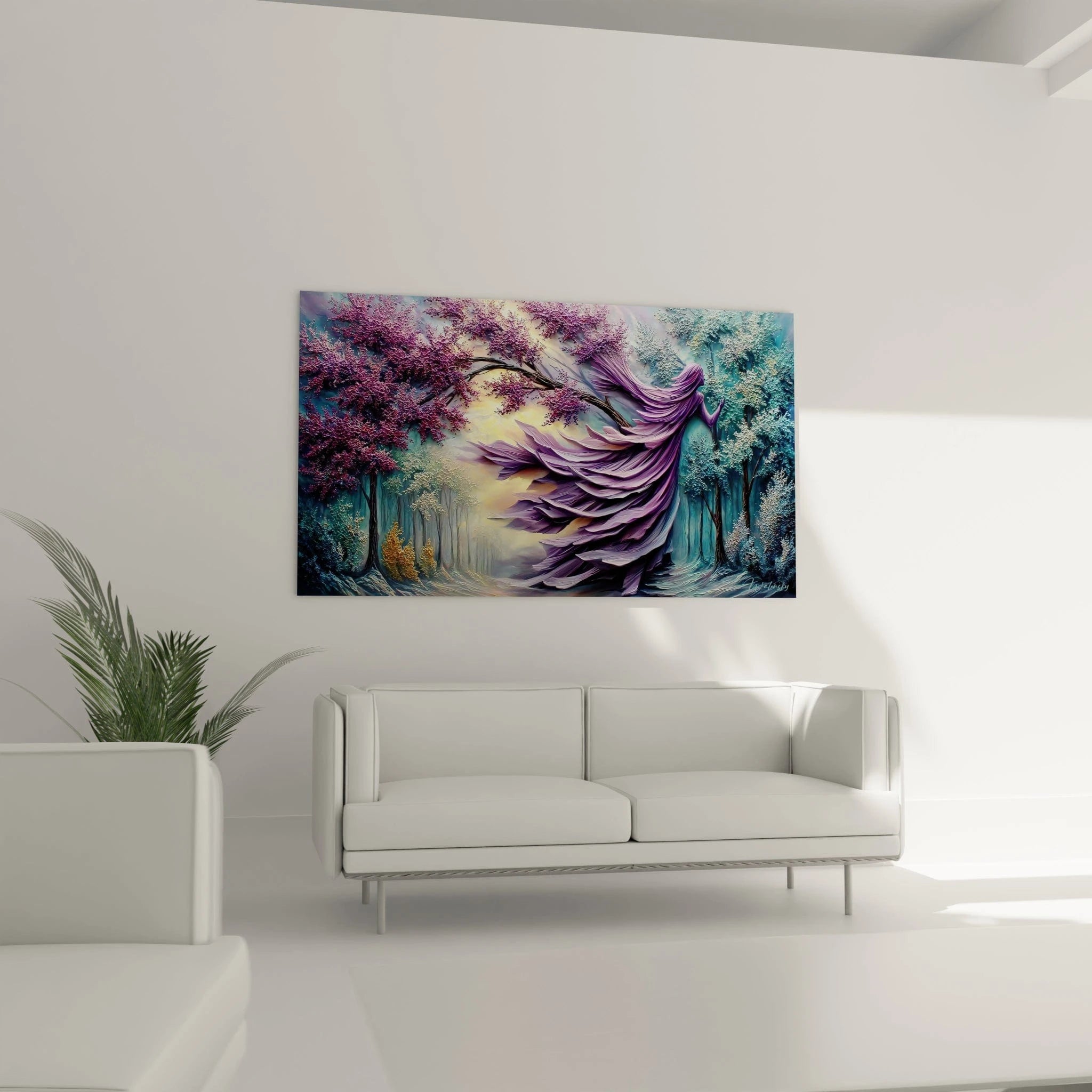 Détail gros plan cheveux plumes violettes ondulantes tableau femme mystique art fantastique Banshee