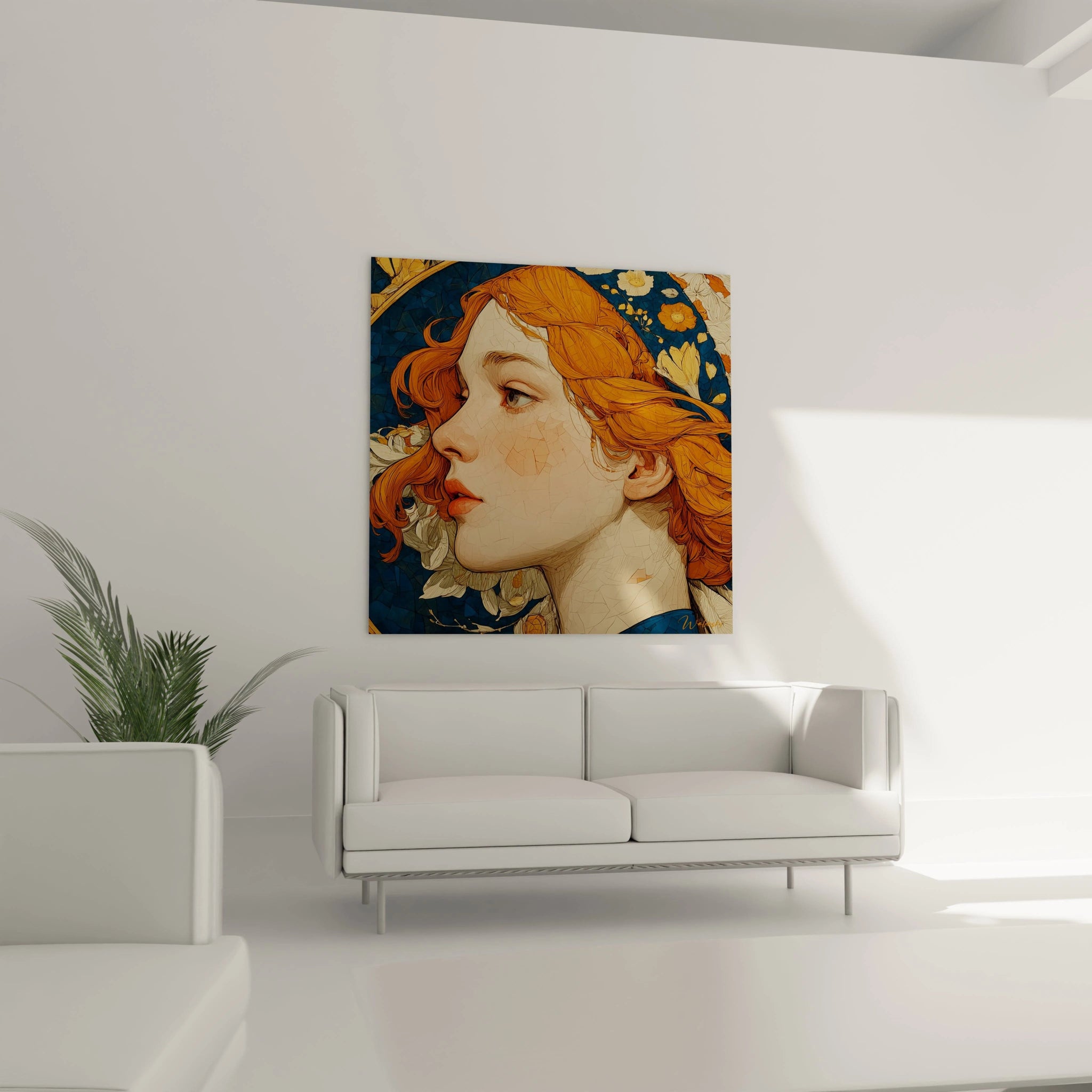 tableau femme art nouveau Walensky portrait femme rousse profil avec fleurs accroche au mur au dessus de canapé blanc dans salon minimaliste