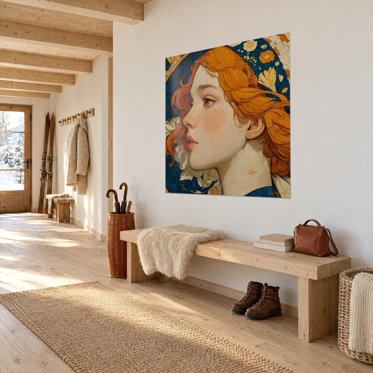 Cuadro joven pelirroja en mosaico resquebrajado, labios coral y cielo índigo florecido, colgado en un pasillo claro de chalet