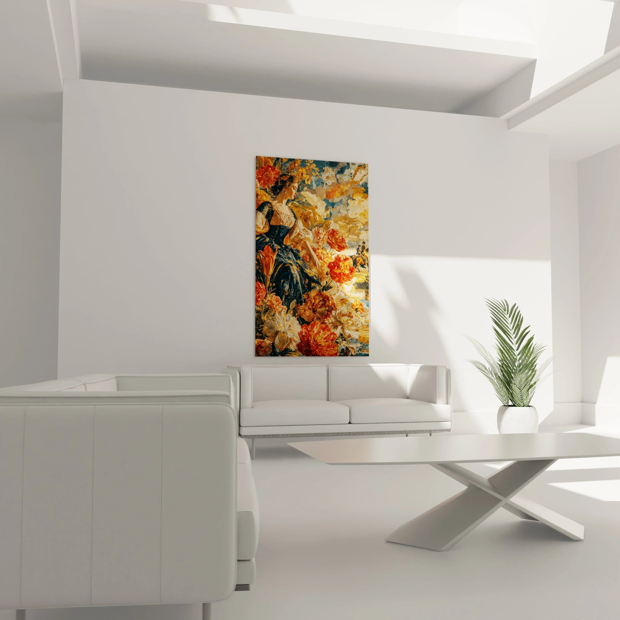 Tableau mural Walensky tableau femme aux fleurs coloré accroché dans salon minimaliste blanc