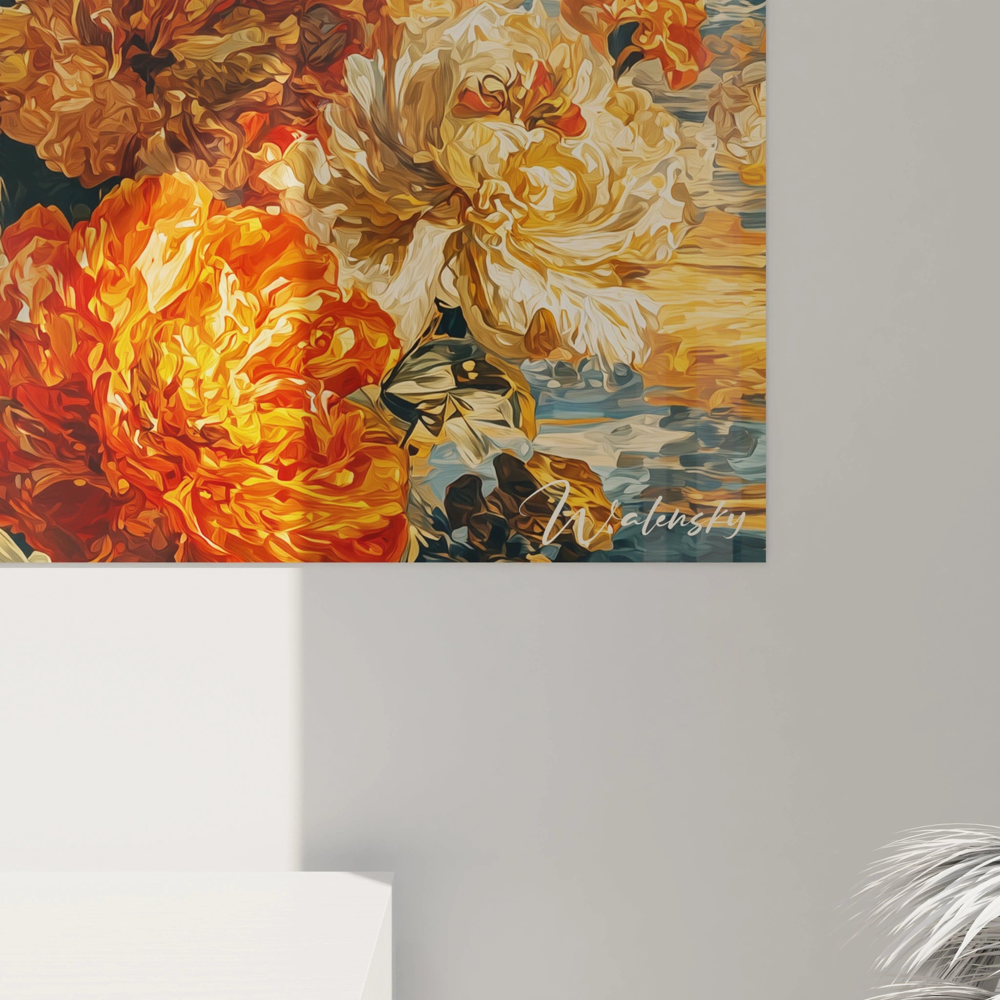Walensky tableau femme aux fleurs grand tableau mural floral aux tons orange et jaune signature visible