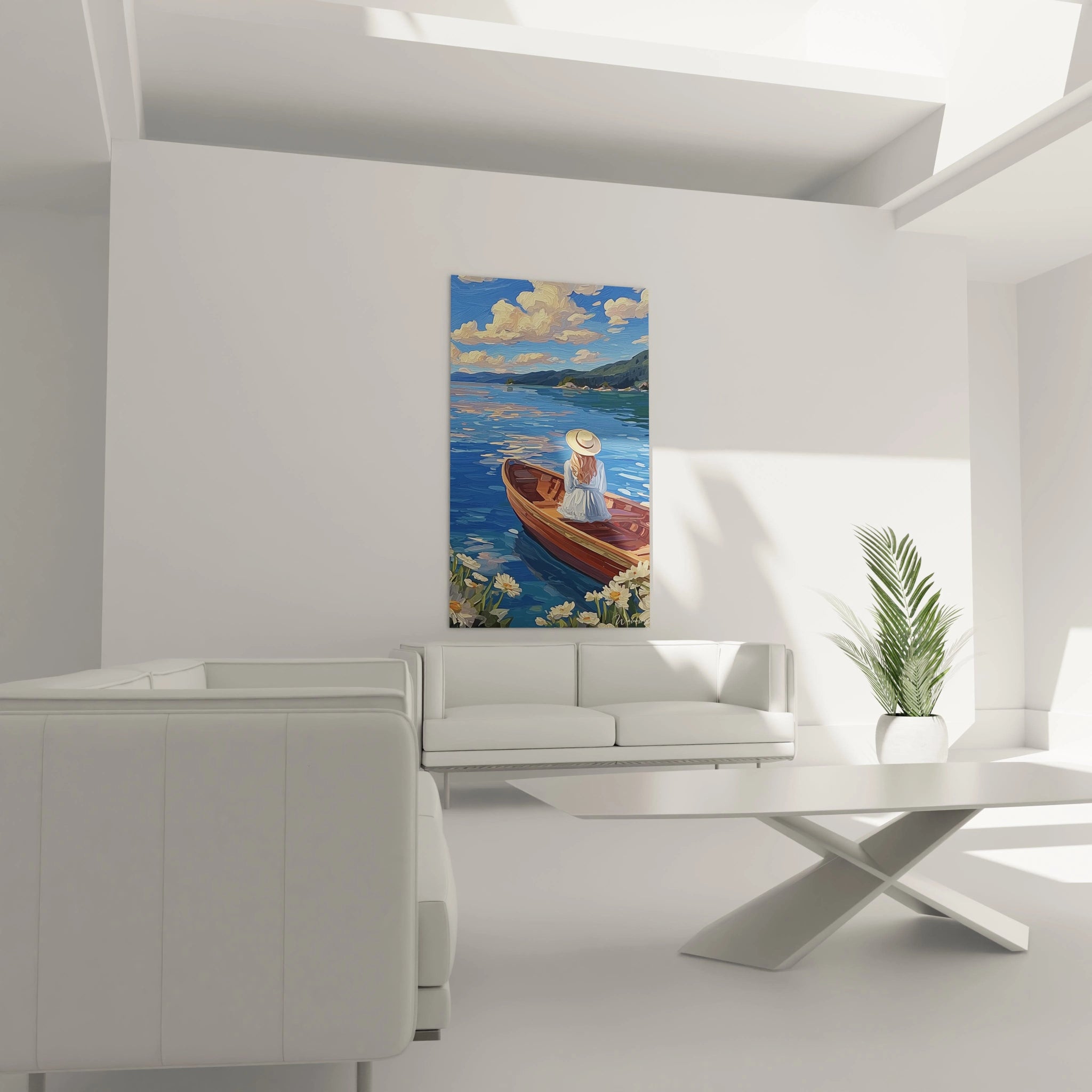 Tableau mural Walensky montrant une femme au chapeau dans une barque sur une eau bleue tableau femme barque flottante