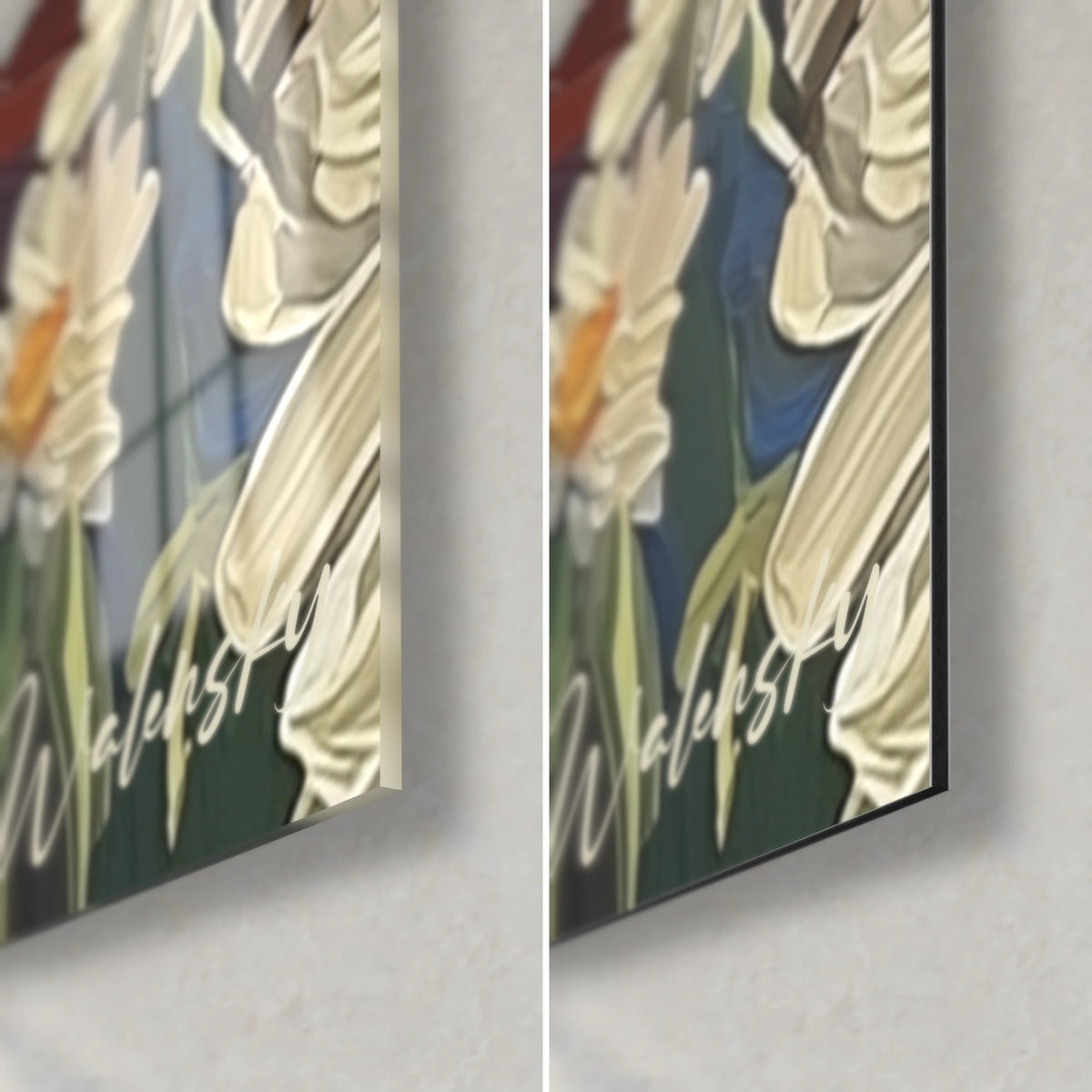 Schilderij witte madeliefjes met oranje hart, rechter onderhoek, glanzend acrylglas links, mat Dibond-aluminium rechts, dikte 3 mm