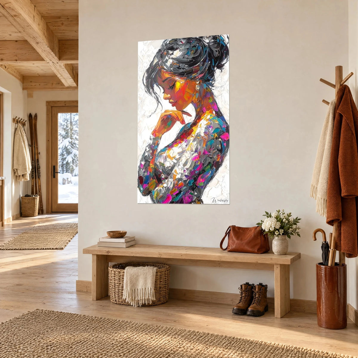 Cuadro retrato femenino inclinado hacia delante, mano bajo la barbilla, toques magenta y turquesa sobre fondo blanco, visto de tres cuartos en un chalet