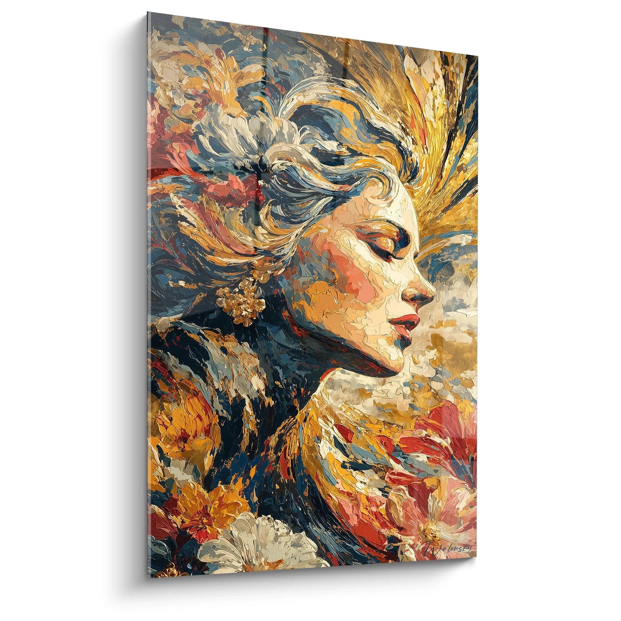 Walensky tableau mural représentant le profil peint d'une femme entourée de motifs floraux baroques, tableau femme baroque