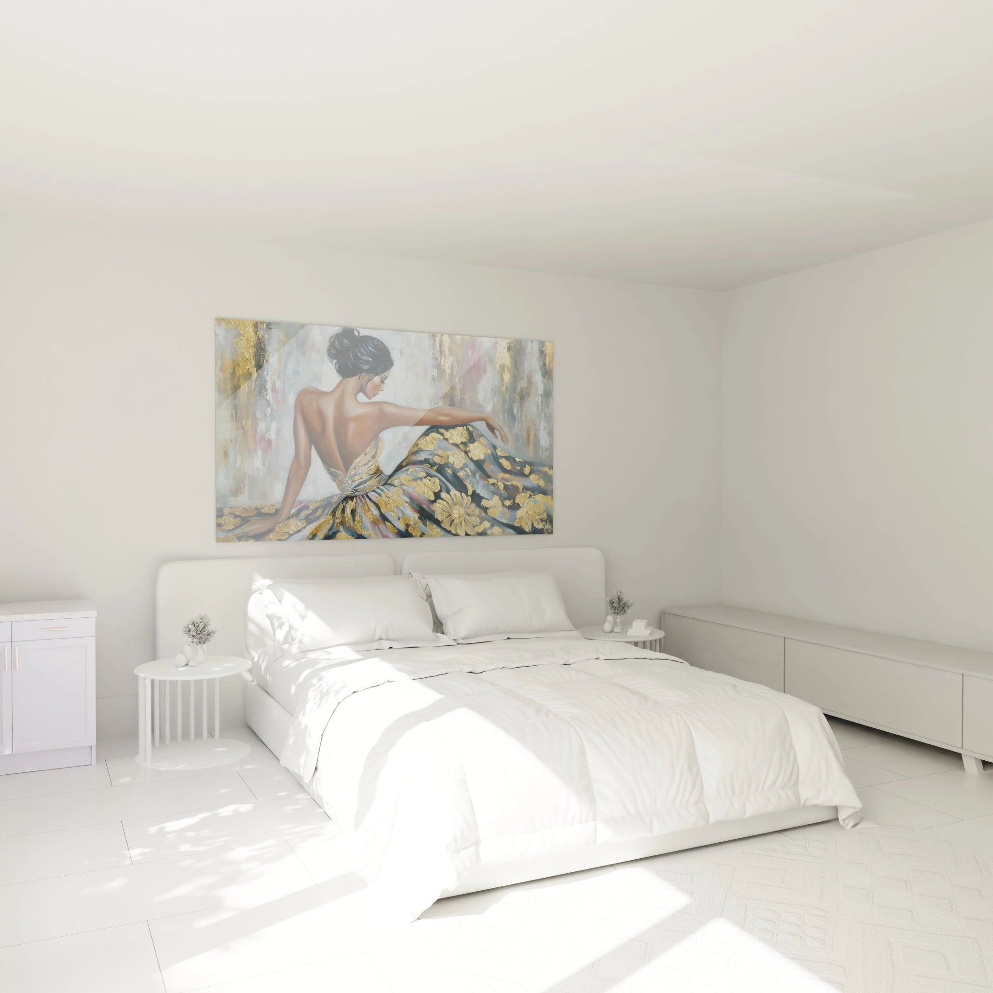 Tableau femme élégante moderne avec une femme en robe colorée dans une chambre lumineuse